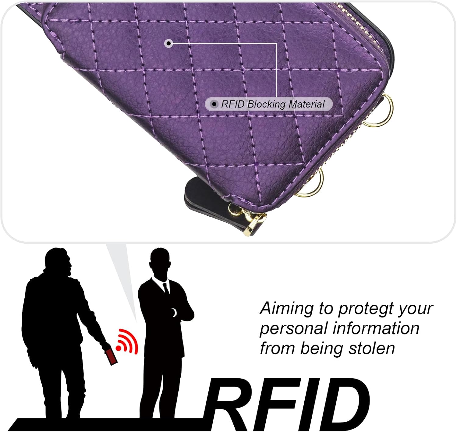 Bocasal Crossbody Wallet Case for iPhone 12 Pro Max, RFID Blocking PU Leather Zipper Handbag Purse Flip Cover, Kickstand Folio Case with Card Slots Holder Wrist Strap Lanyard 5G 6.7 Inch (Dark Purple)