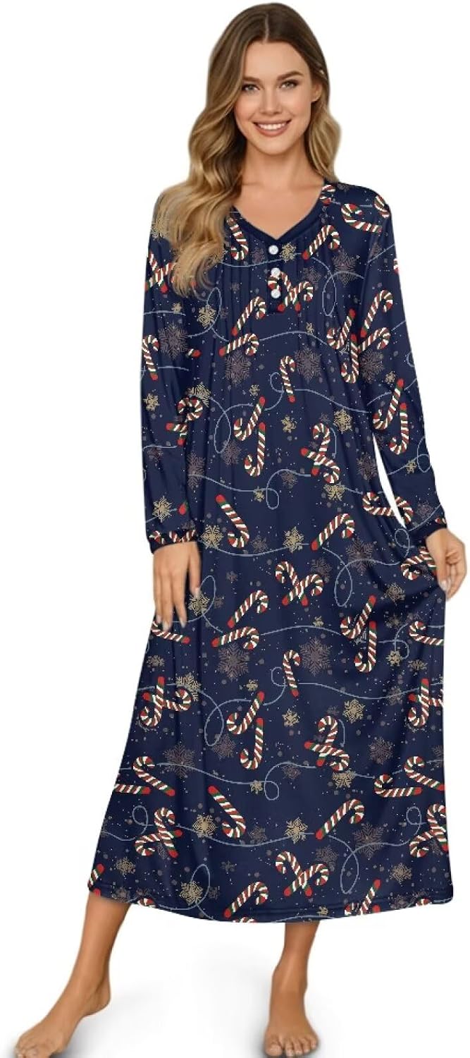 V Neck Nightshirt for Women, Mushrooms Casual Lightweight Soft Comfortable Long Sleeve Smocked Nightgown