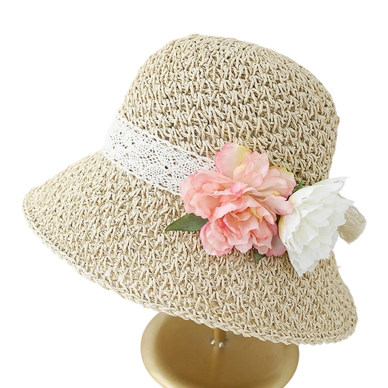 Sombrero de paja for mujer con flores artificiales, gorra sol ala ancha, sombrero bombín moda for verano, playa, viajes al aire libre para Hombres y Mujeres
