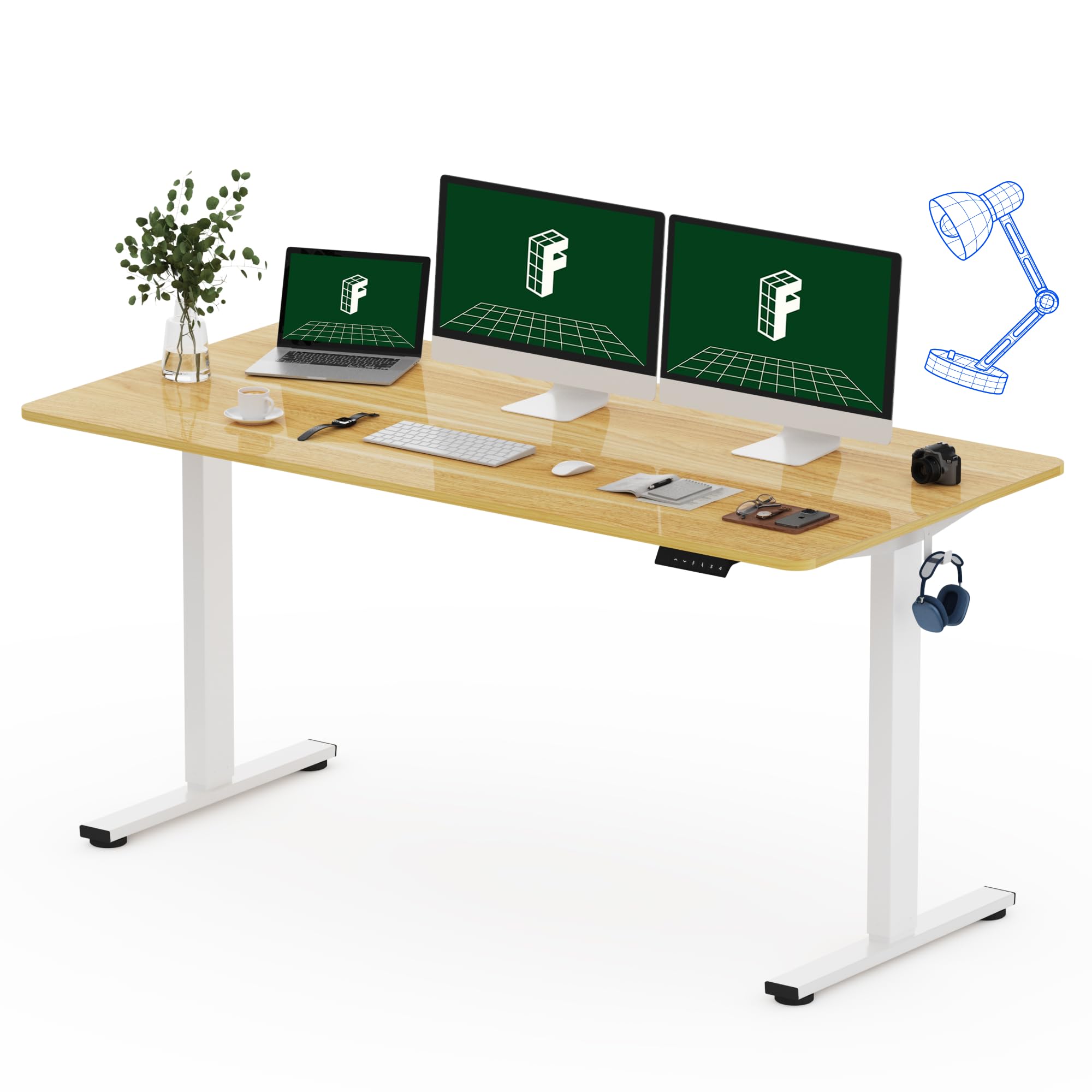 FLEXISPOT One-Piece Electric Standing Desk, 60 x 24 Inches Adjustable Desk with Seamless Desktop, Memory Controller Height Adjustment (White Frame + Maple Desktop, 2 Packages)