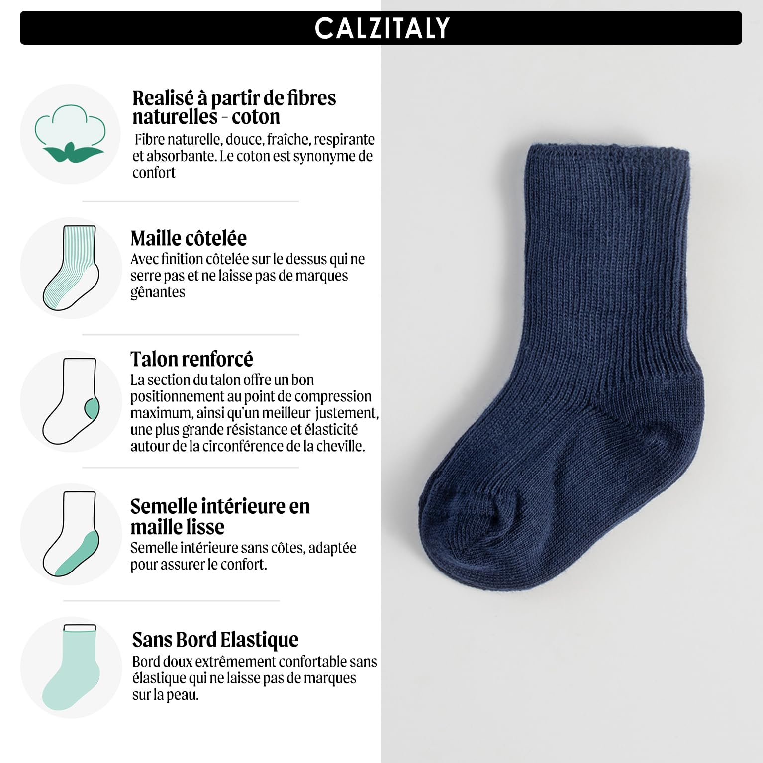 CALZITALY PACK 2, 4, 6 Paires Chaussettes bébé, Chaussettes nouveau-né, Chaussettes coton bébé, Chaussettes premiers jours, Made in Italy