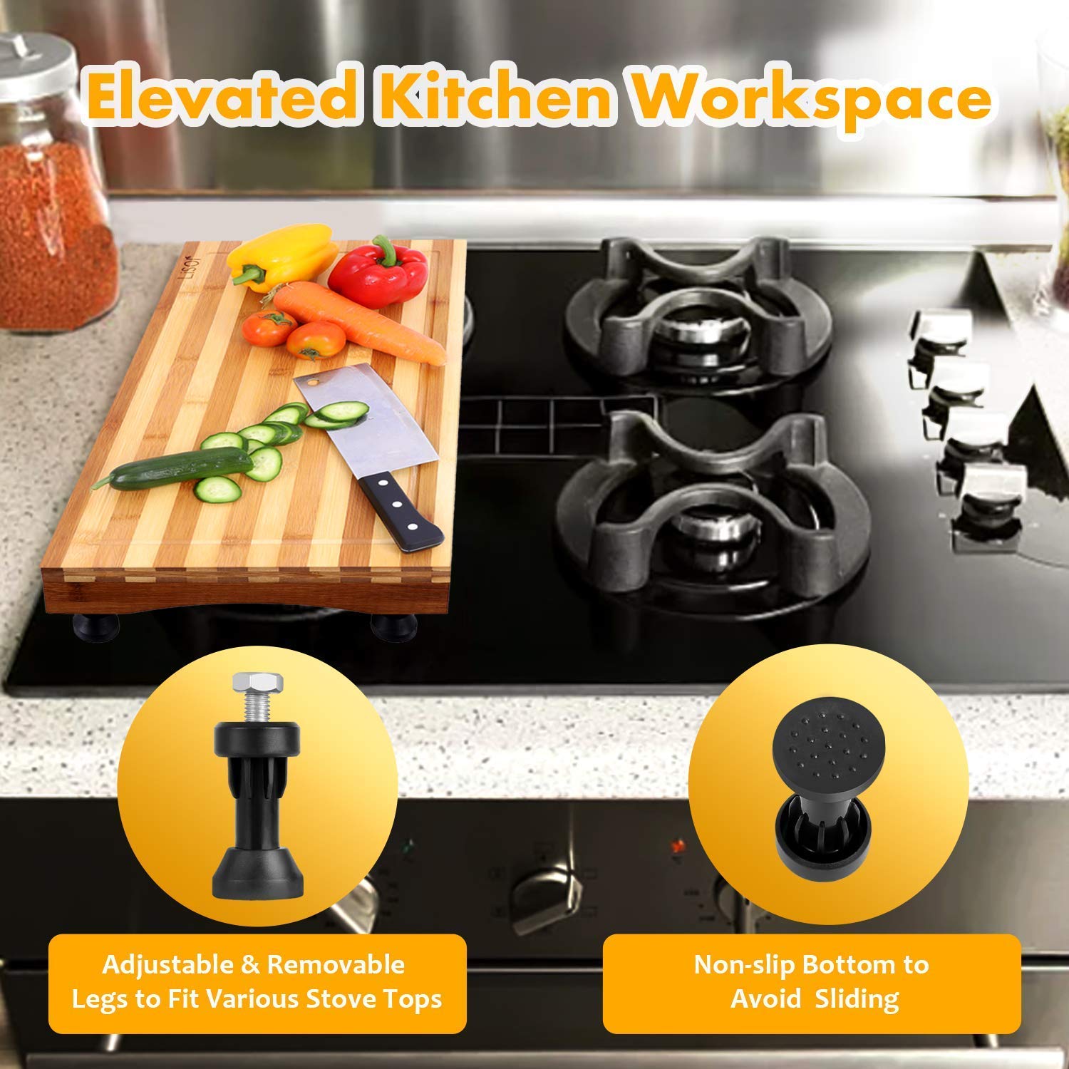 Bamboo Stovetop Cover&Countertop Cutting Board with Adjustable Legs