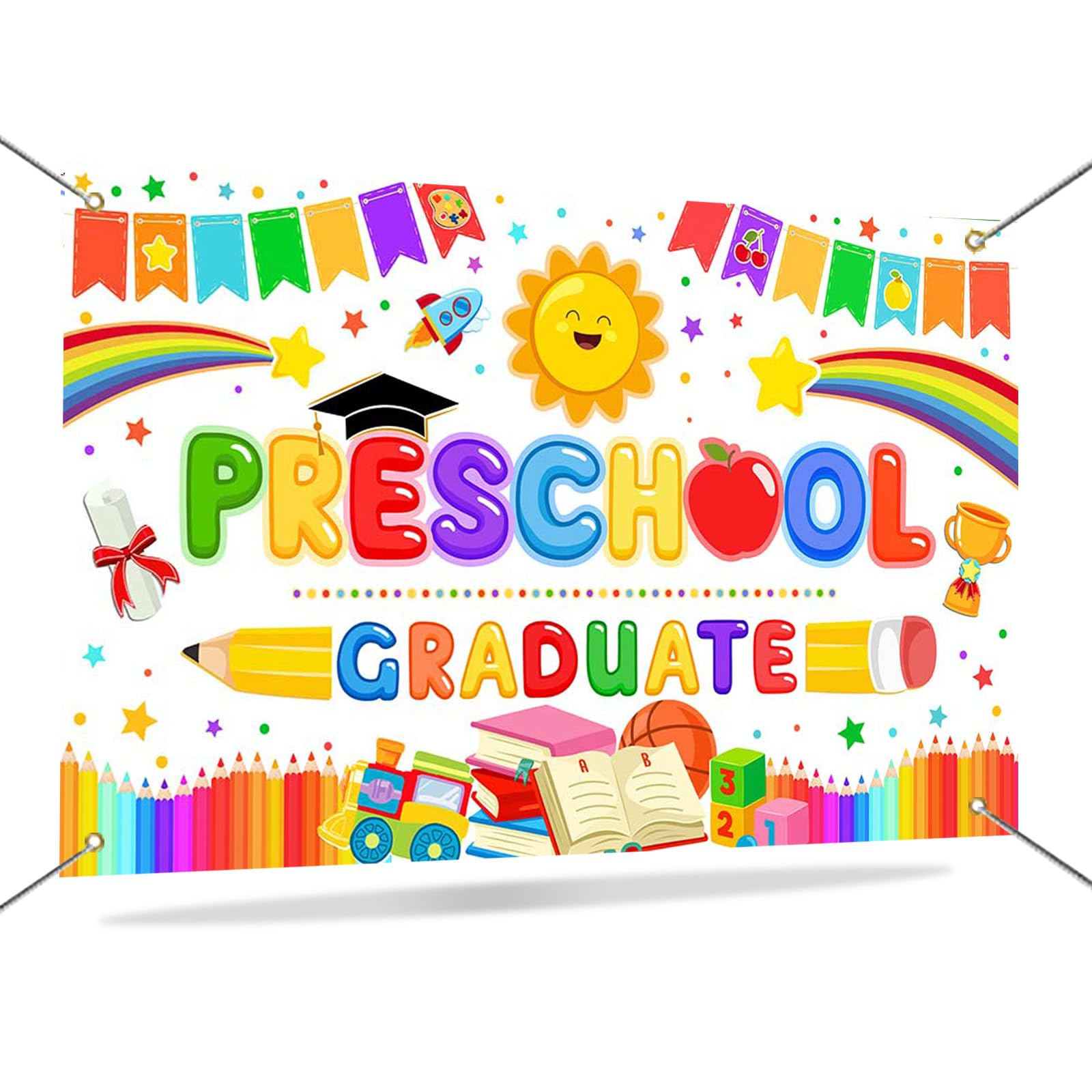 Mocsicka Preschool Gragraduation Banner Kids Rainbow Pencil Kindergarten Graduation Photo Background Classroom Congrats Grad Ceremony Decorations