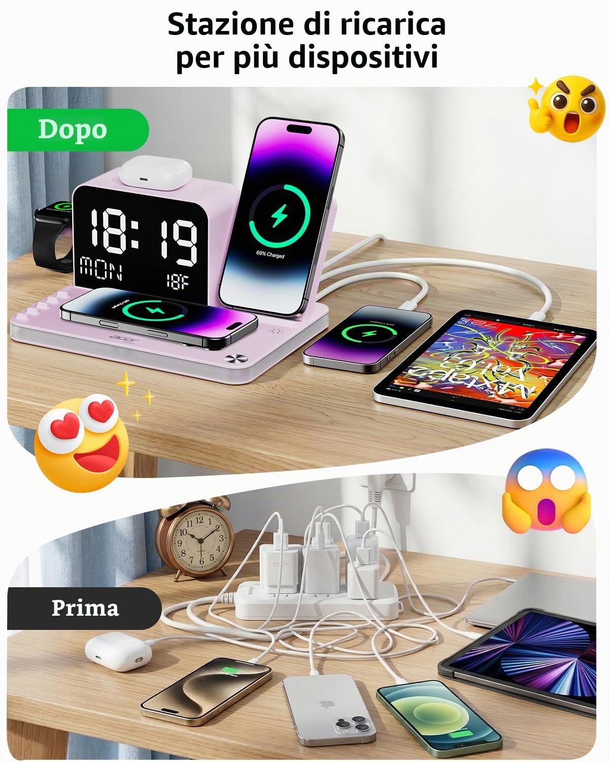 Acer Stazione di ricarica wireless 7 in 1 con orologio a LED, caricabatterie wireless veloce da 30 W per iPhone 16/15/14/13/12/Pro Max, Apple Watch, AirPods, sincronizzazione automatica dell'ora e