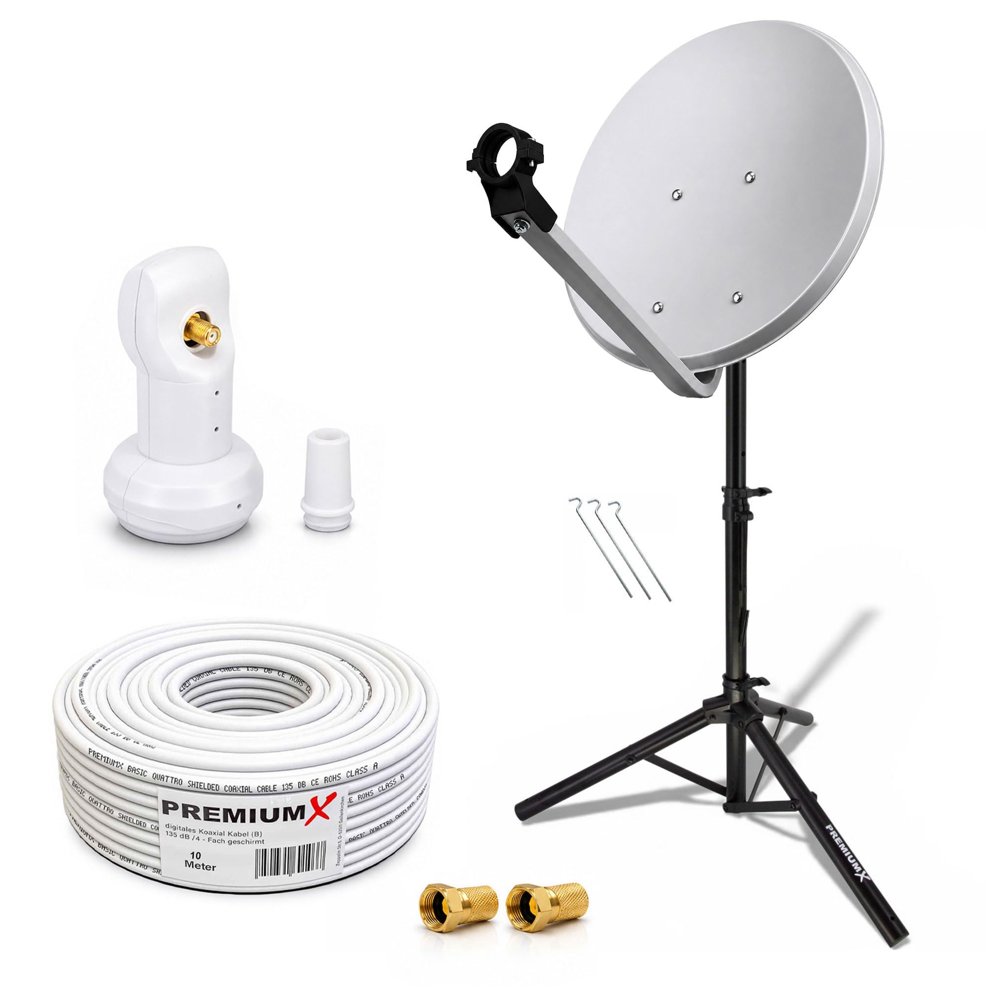Premium X Camping Satelliten-Komplettanlage 45cm Satelliten-Schüssel SAT Single LNB Ständer Dreibein-Stativ 10m Kabel 2X F-Stecker
