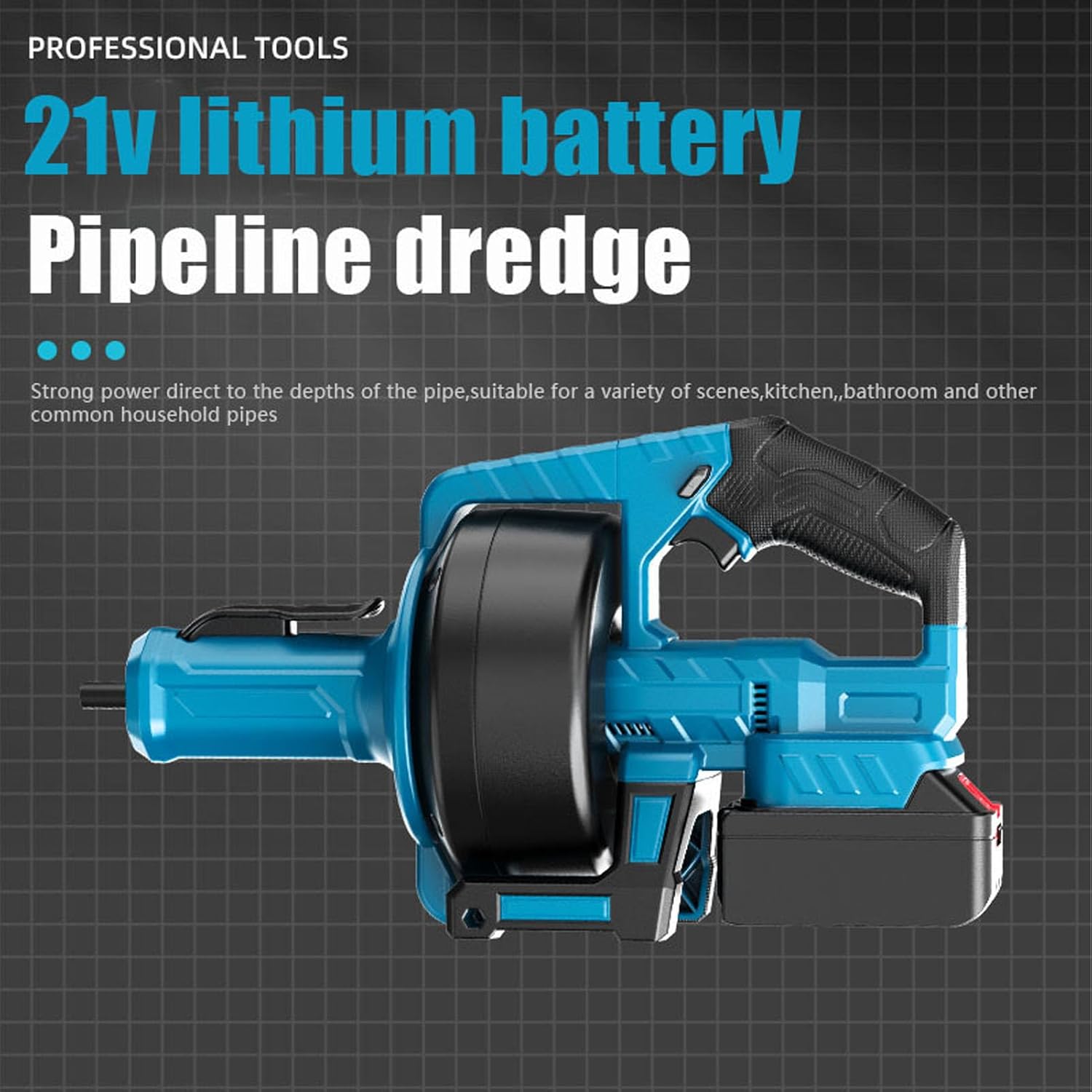 Cordless Electric Drain Auger Lithium Pipe Dredging Machine with 7m Cable, LED Light for Sewer Bathroom 3/4in-2in Pipe (Blue)