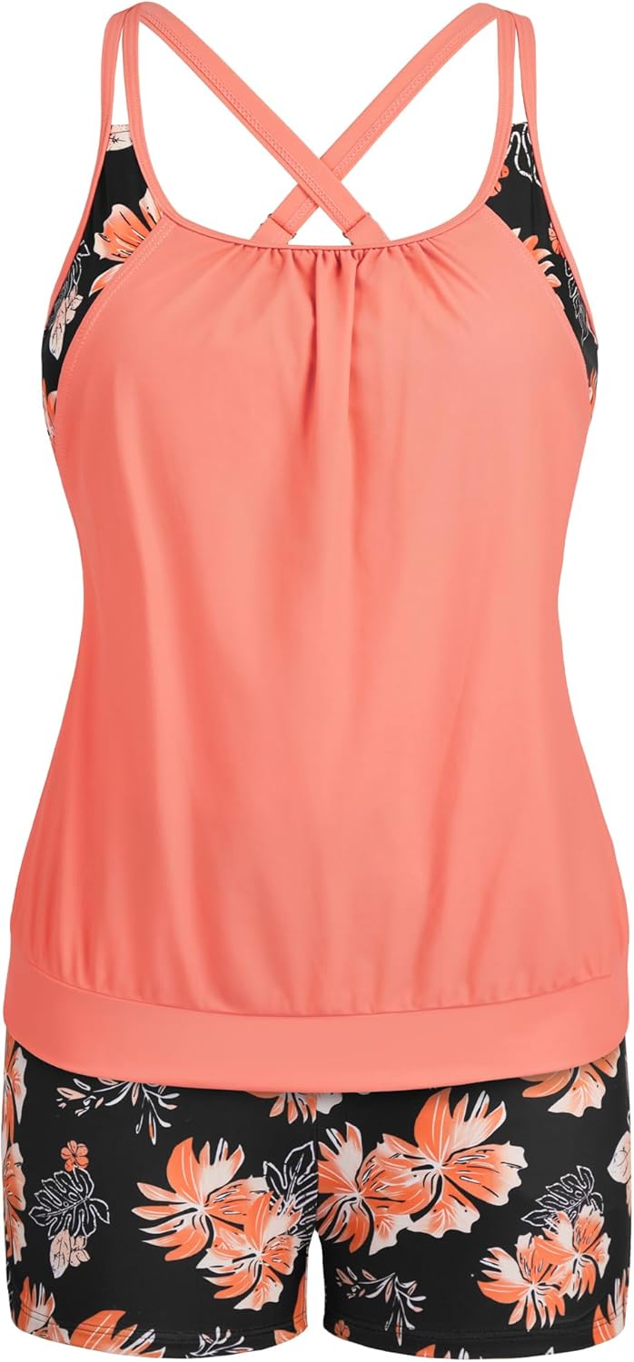 Arolina Tankini Swimsuits for Women Modest Two Piece Blouson Bathing Suit Tank Top with Boy Shorts Pockets (S-24W)