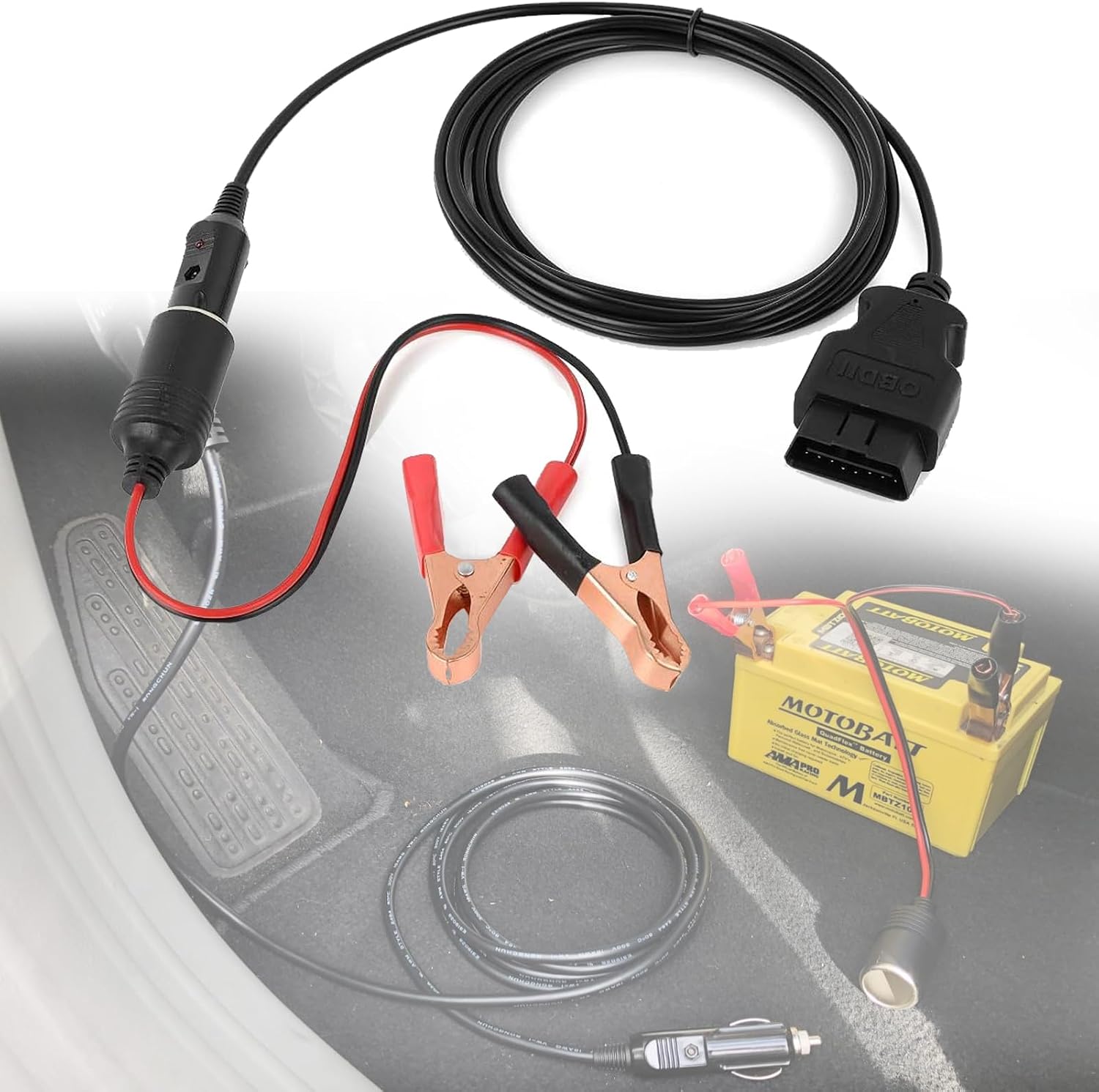 10ft OBD II Vehicle ECU Emergency Power Supply Cable Memory Saver with Alligator Clip-On 12V Car Battery Cigarette Lighter Power Socket Extension Cable