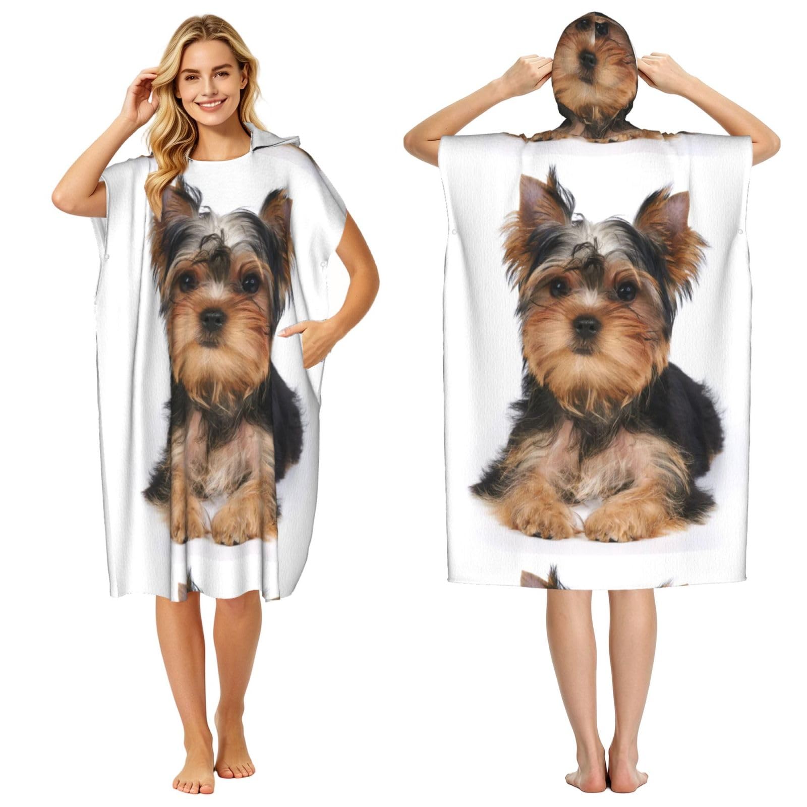 Poadnly Yorkshire Terrier, Adult Hooded Beach Towel 90 x 110 cm,Changing Bath Robe, Surf Poncho Towel For Women Men
