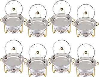 Chafing Dish Buffet Set 5 QT Stainless Steel Chafing Dishes Round Buffet Food Warmer Chafers Set for Parties Catering Event with Glass Lid, Lid Holder 8PCS