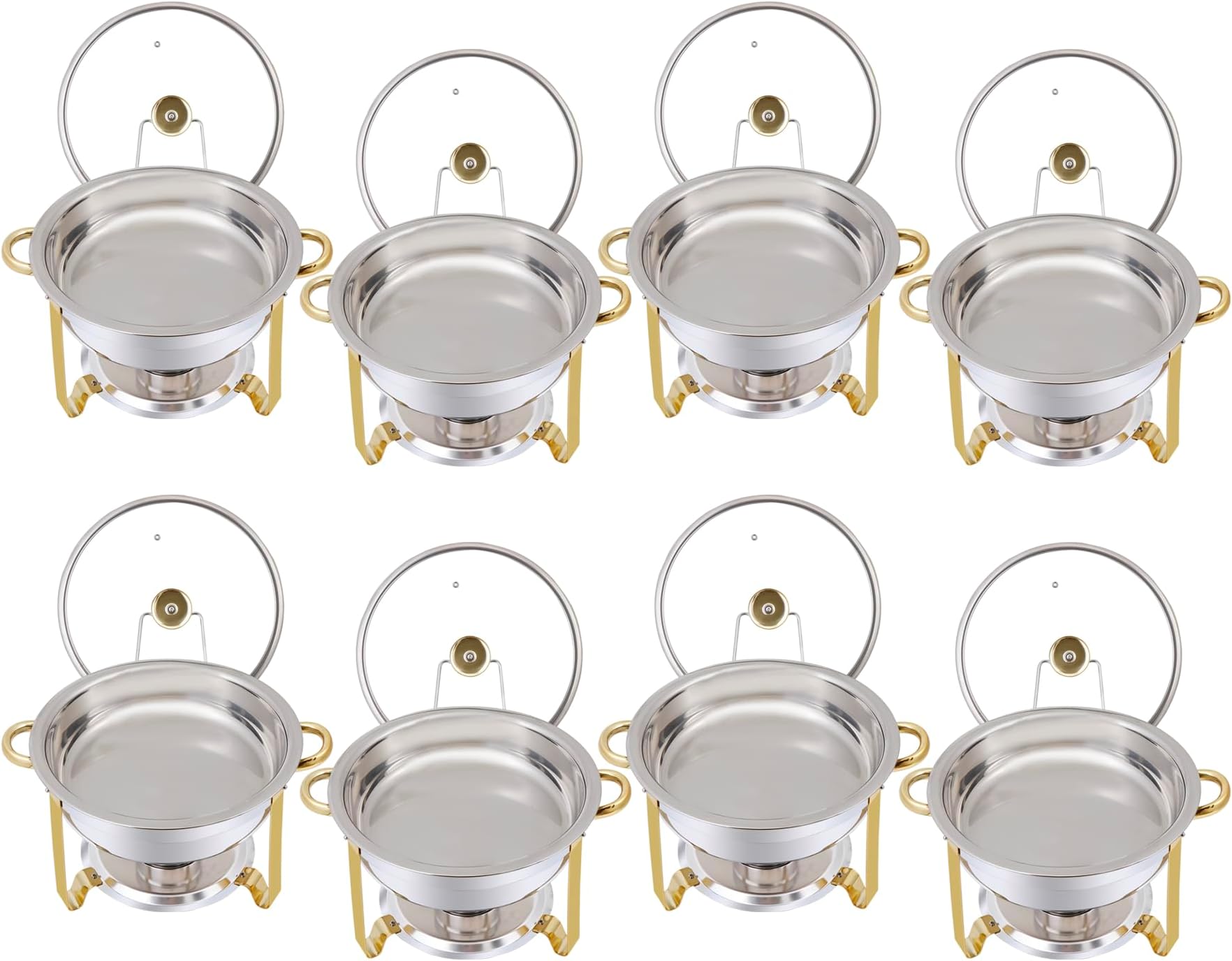 Chafing Dish Buffet Set 5 QT Stainless Steel Chafing Dishes Round Buffet Food Warmer Chafers Set for Parties Catering Event with Glass Lid, Lid Holder 8PCS