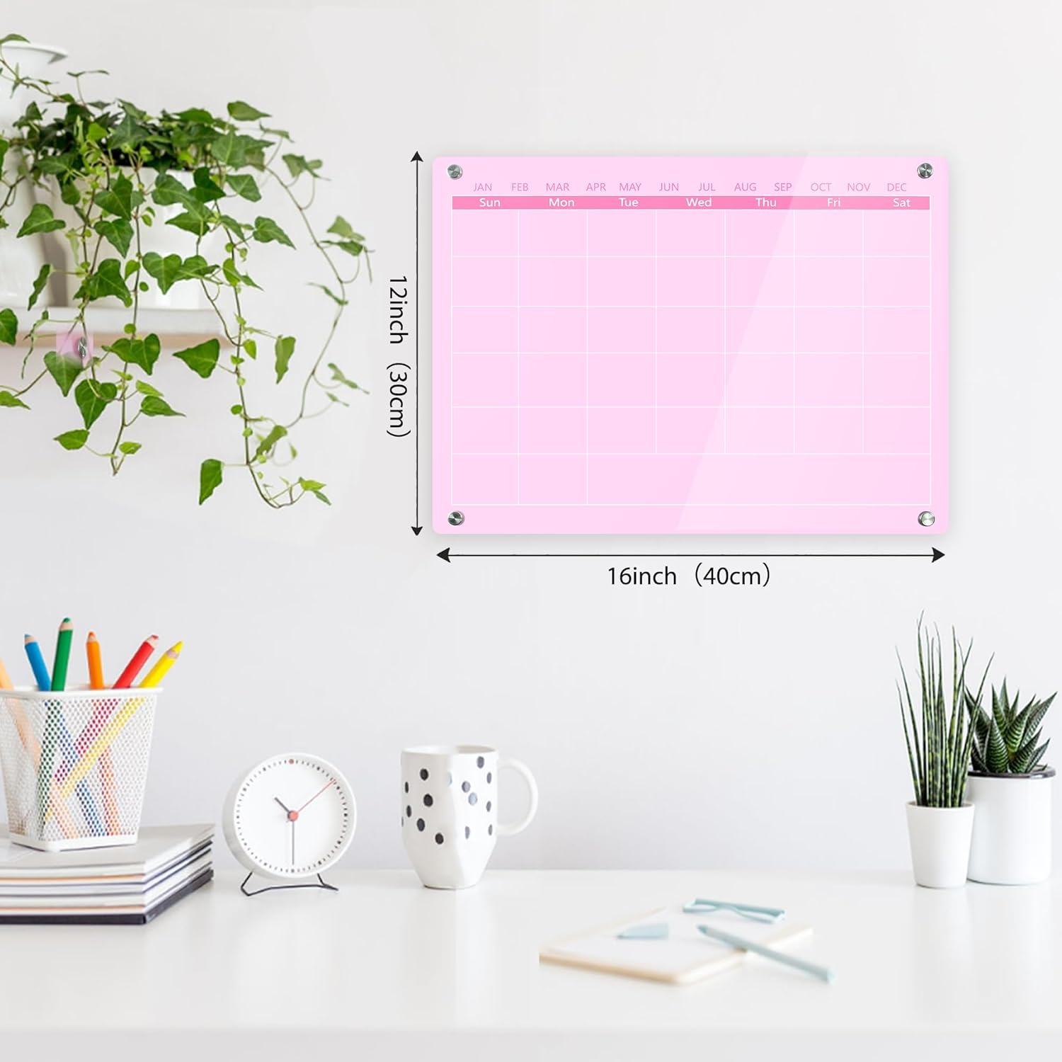 Acrylic Calendar Dry Erase Board for Wall,15.7''x11.8'',Pink Monthly Calendar Whiteboard for Home,Office, School