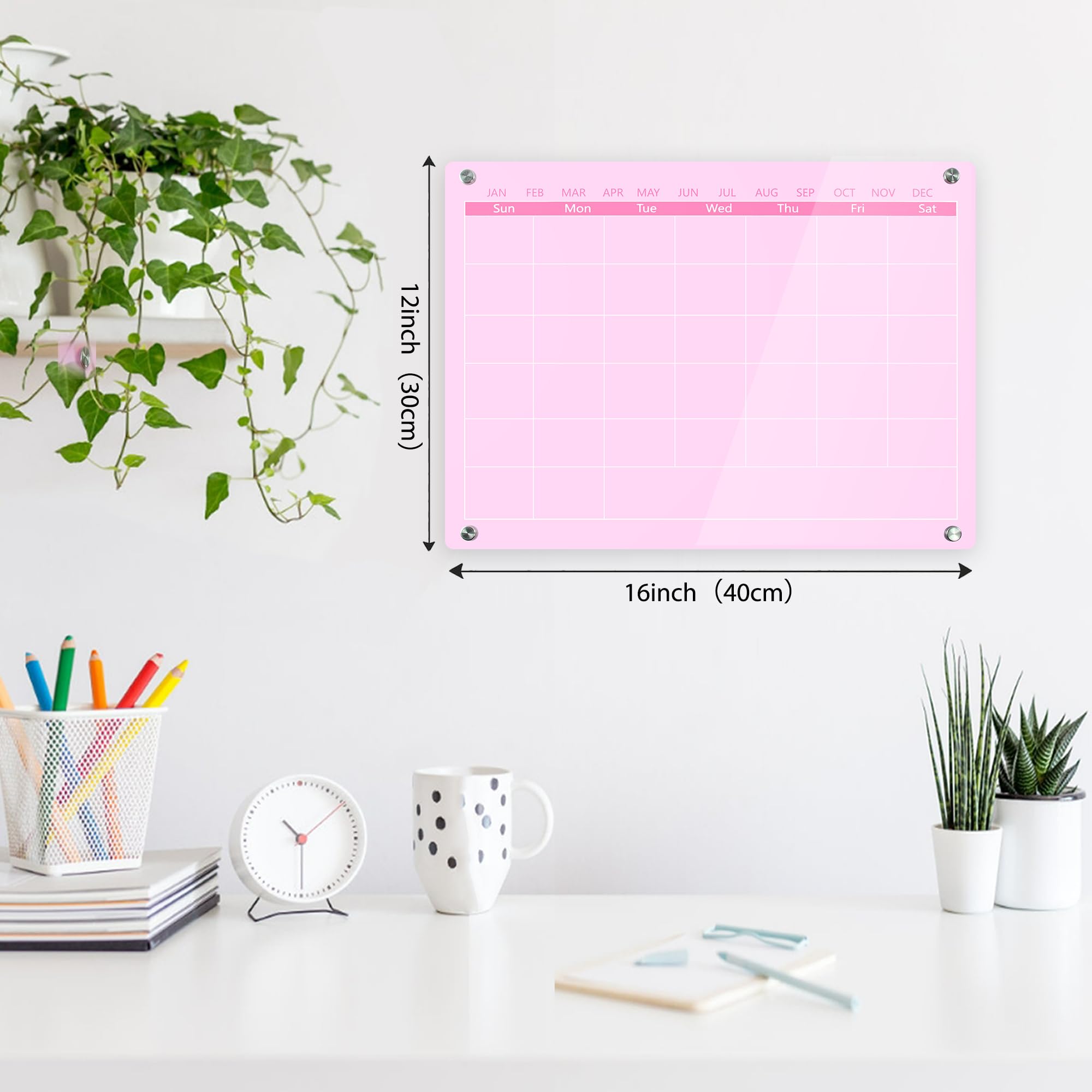 Calendario acrílico para pared, 15.7 x 11.8 pulgadas, calendario de pared acrílico con superficie de borrado en seco, calendario mensual acrílico para pared, pizarra rosa de borrado en seco