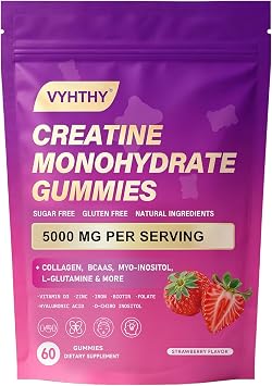 Creatine Monohydrate Gummies with Collagen, BCAAs, L-Glutamine, Biotin, Zinc, Vitamin D3 & Hyaluronic Acid Daily Pre & Post Workout Recovery, Sugar-Free 60 Gummies