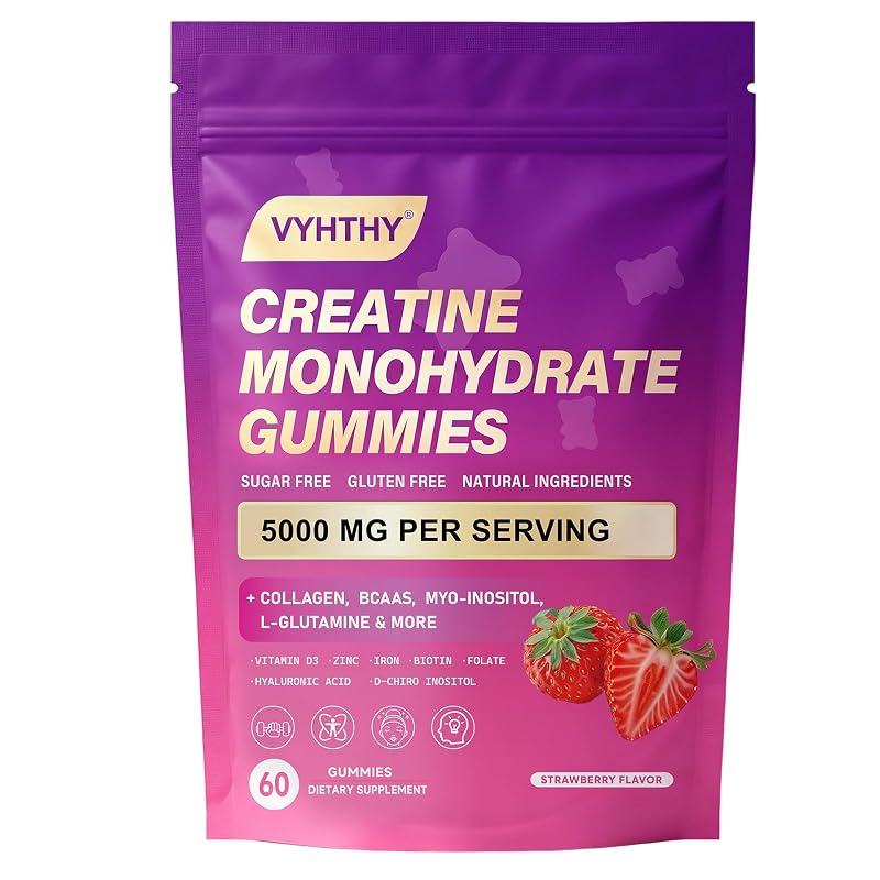 VYHTHY Suplemento de creatina em gomas com creatina monoidratada, colágeno, BCAAs, L-glutamina, biotina, zinco, vitamina D3 e ácido hialurônico, 5 g, 60 gomas