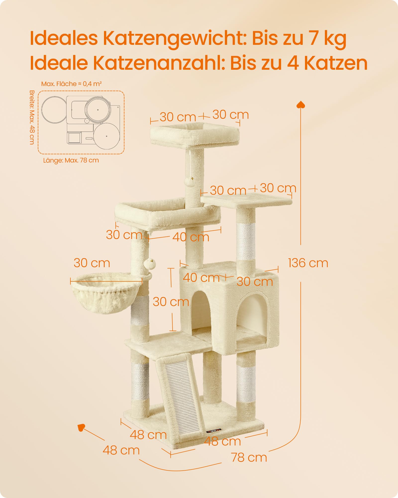 Feandrea Kratzbaum, 136 cm hoch, Katzenbaum, mehrstöckiges Katzenhaus, mit 4 Kratzsäulen, 3 Plattformen, Liegemulden, Höhle, beige PCT012LF01