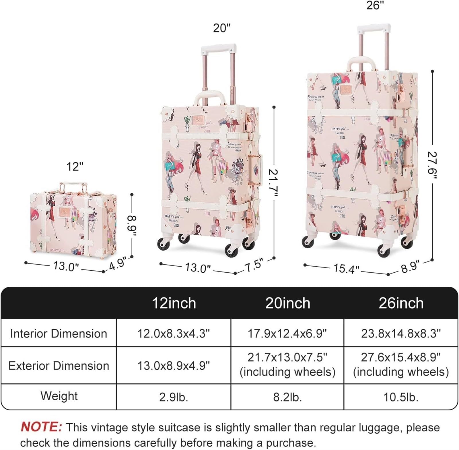 Bagaglio Set di Valigie Vintage da 2 Pezzi, Simpatico Bagaglio da Viaggio con Borsa da 12 Pollici, Lato Rigido in Finta Pelle Valigia da Viaggio(26"+12")