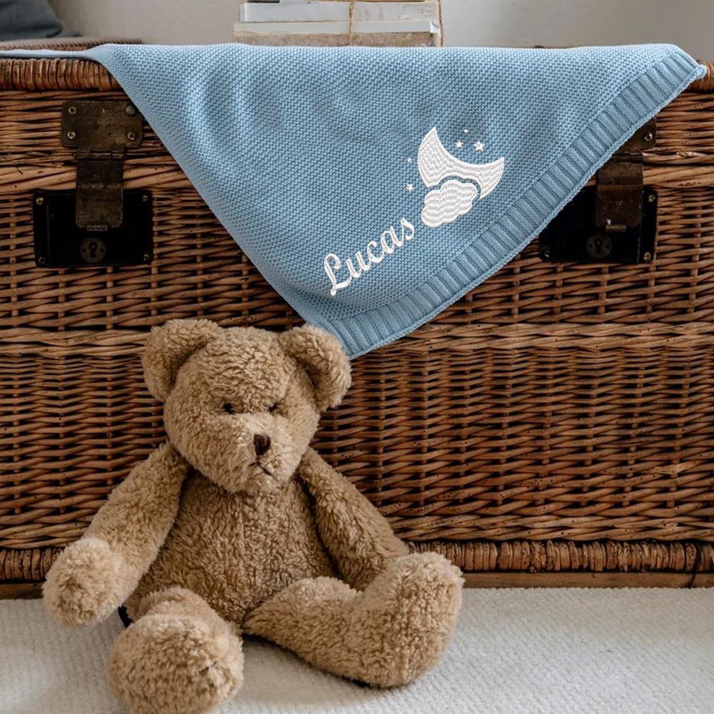 Personalized Cotton Knit Baby Blanket, Embroidered Name, Custom Name, Newborn, Stroller Blanket