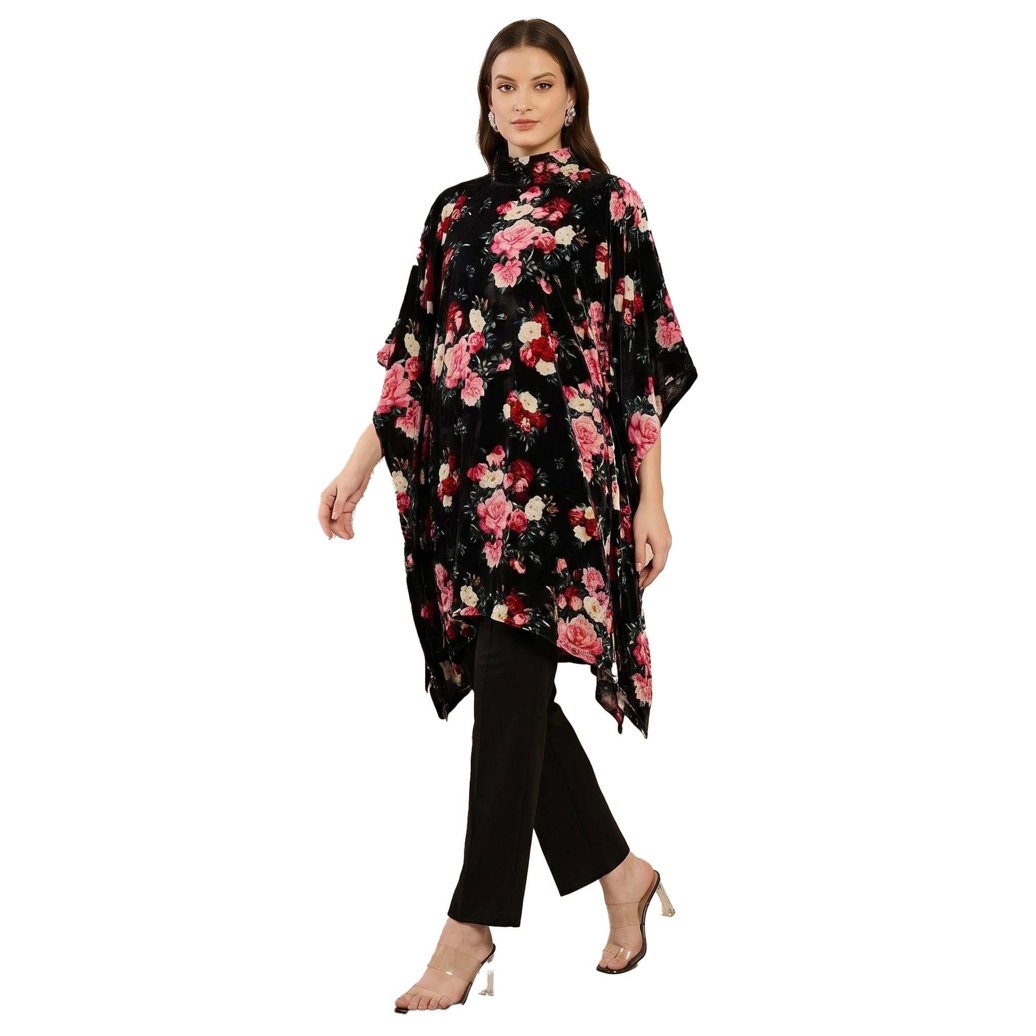 first resort Black and Red Floral Crystal Studded Silk Velvet Tunic-picture-25