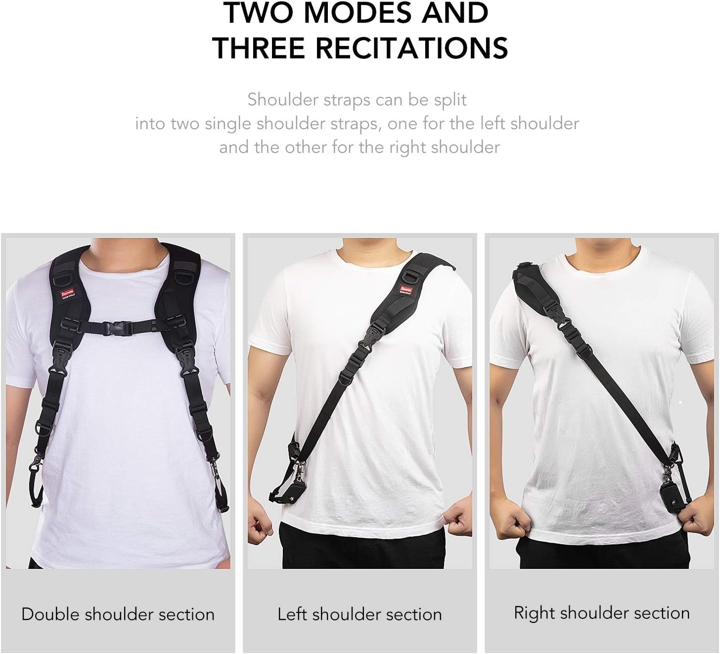 All components of the ztowoto Double Shoulder Camera Strap laid out, including shoulder pads, webbing, safety ropes, quick release plates, and a cleaning cloth.