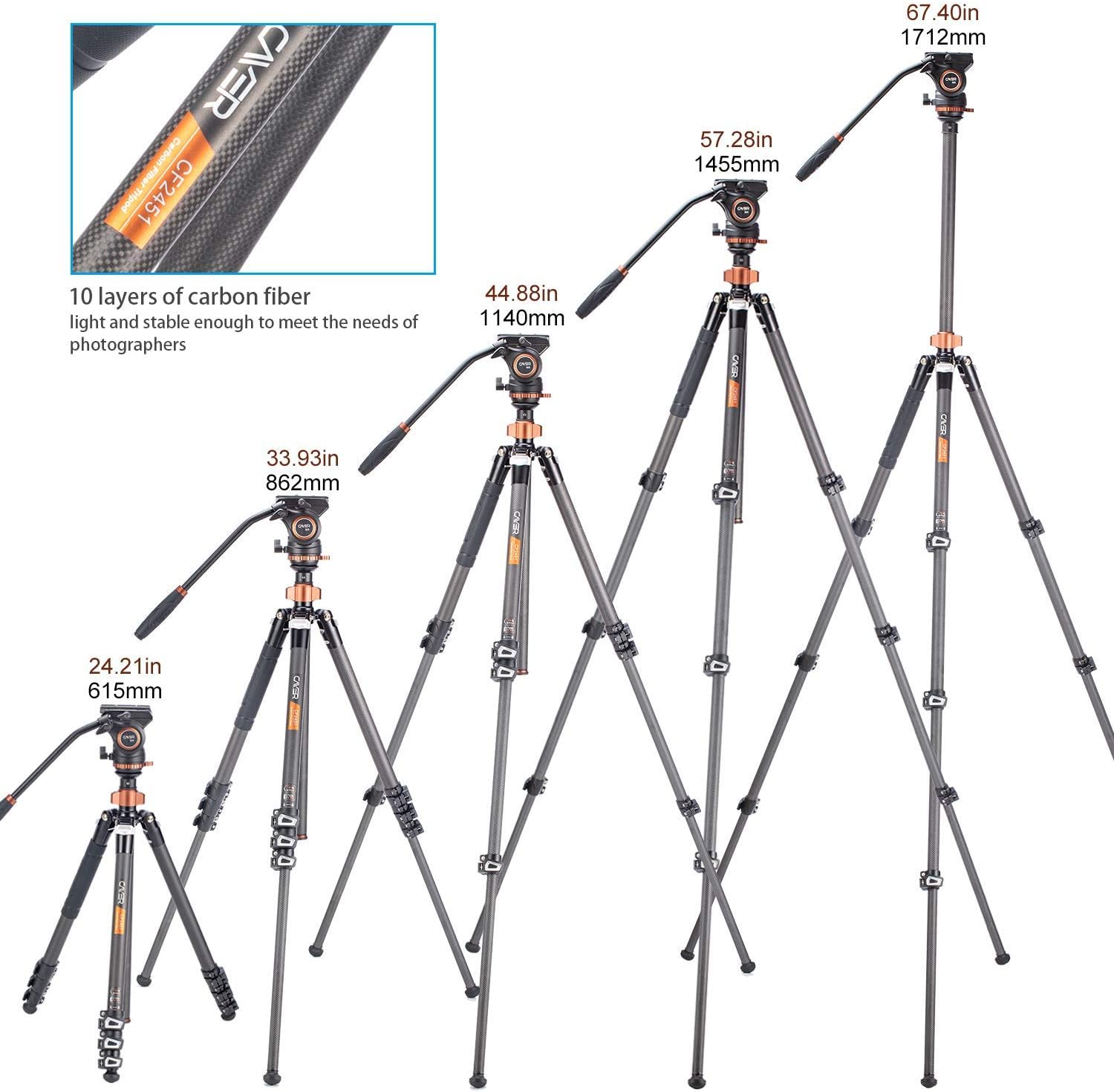 Cayer CF2451 Carbon Fiber 67 inches Professional Video Tripod Kit with SV5 Monopod Feet
