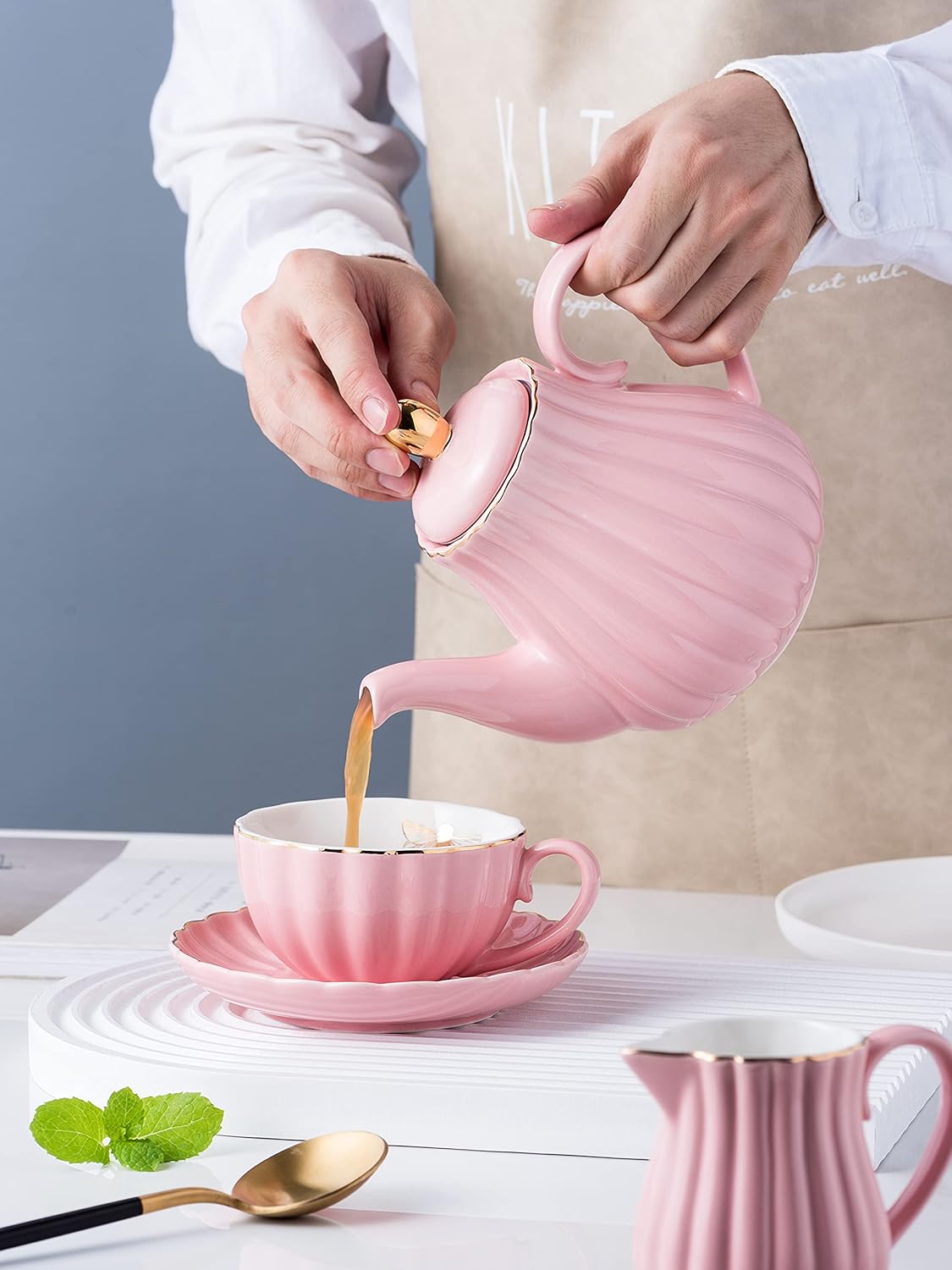 Jusalpha Service for 6- Fine China Pink Coffee Cup/Teacup Set, 8 OZ Cups& Saucer, with Teapot-Sugar Bowl-Cream Pitcher Teaspoons and tea strainer for Tea/Coffee- 24 PC (Pink, Serve of 6) - Image 5