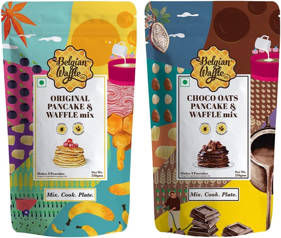 The Belgian Waffle Co Original Pancake & Waffle Premix - 250 gm + Chocolate Oats Pancake & Waffle Premix - 250 gm| 100% Vegetarian and Eggless, Organic Non Refined Sugar | Combo of 2