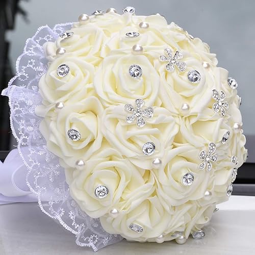 Miniatura 7 de GoldenPlayer Ramo de novia para novias o damas de honor, ramo de mano de boda, flores artificiales (color marfil)