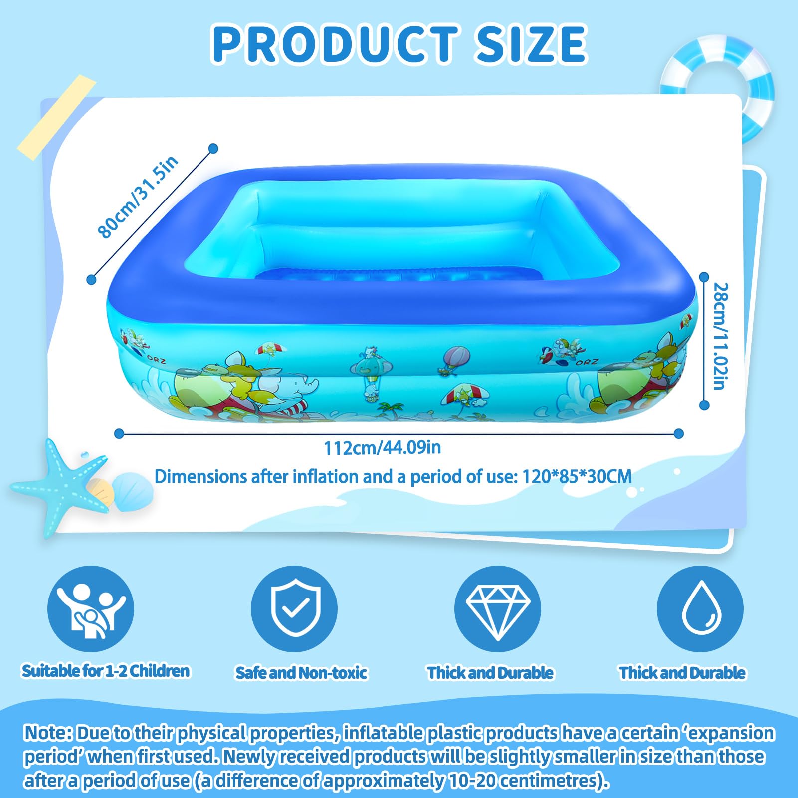 Piscine Gonflable Rectangulaire, Petite Piscine Gonflable Enfant, 120 cm Piscine Rectangulaire Enfant, Pataugeoire Gonflable Portable pour Balcon, Jardin, Plage, Intérieur et Extérieur