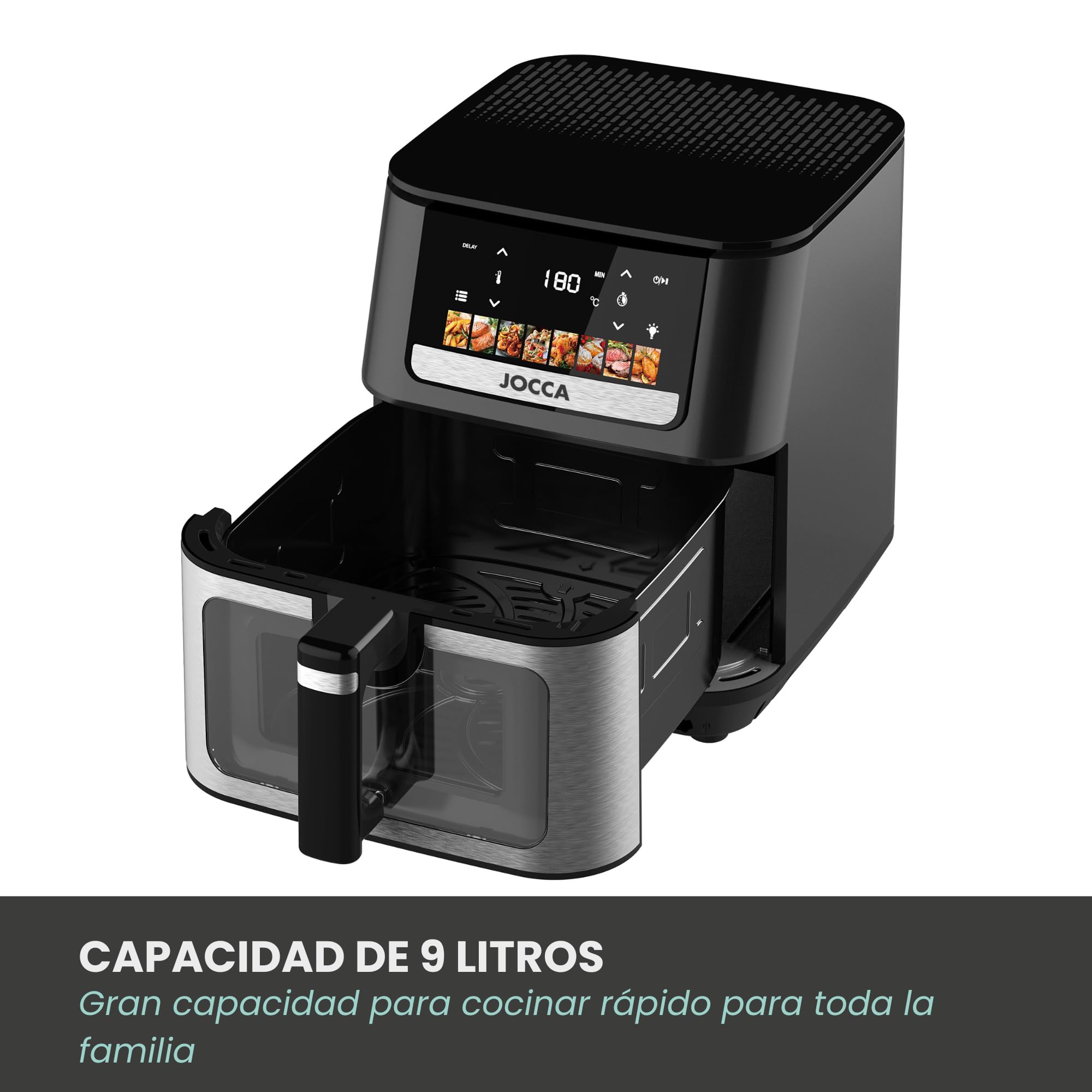 Jocca - Freidora de Aire Jocca 9L con Doble Resistencia, 8 Programas, 200°C, 2000W, Cesta Antiadherente Extraíble, Ventana Visible, Panel Táctil