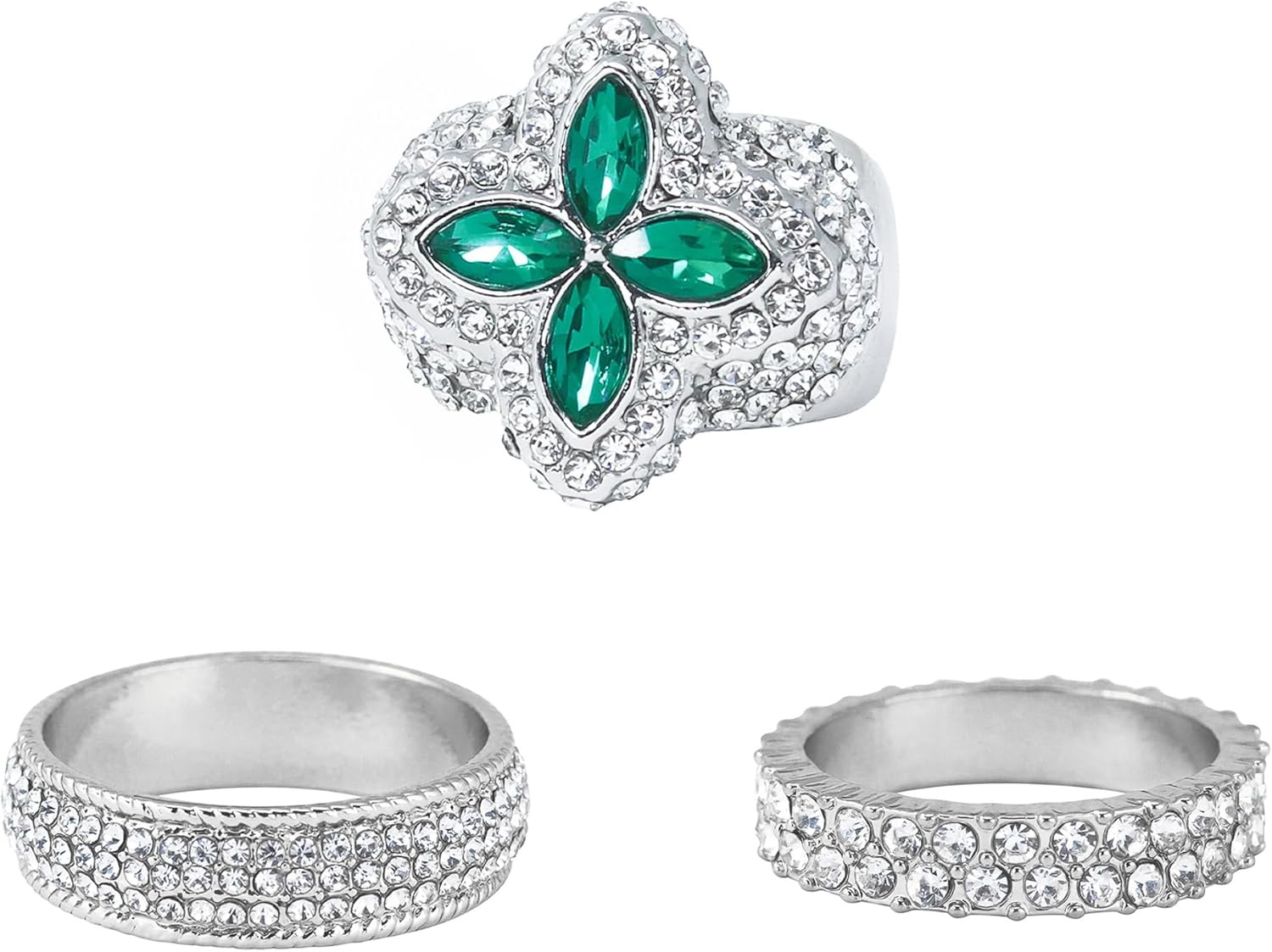 Men’s 3-Piece Iced Out Ring Set – Clover Statement Ring with Simulated Stones + 2 Band Rings – Size 12 Hip Hop Jewelry Gift