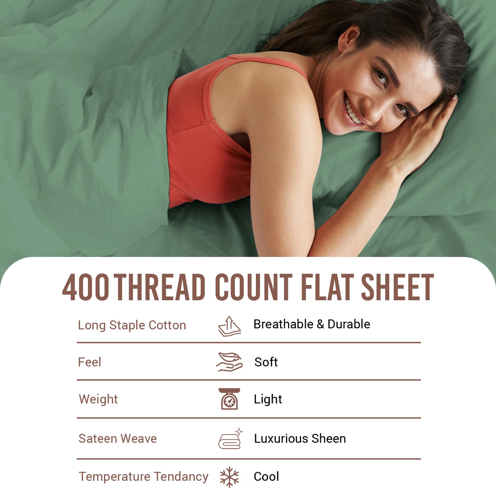 Pizuna 100% Cotton Super King Flat Sheet Hedge Green, 400 Thread Count Long Staple Cotton Flat Sheet Super King 300x280 cm - Image 4
