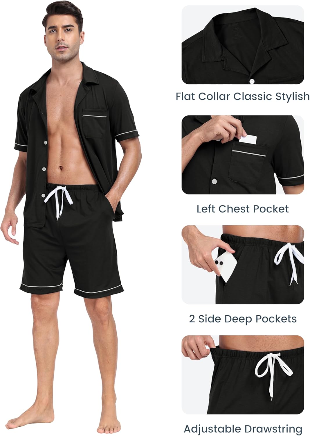 MoFiz Mens Cotton Pajamas Set Sleepwear Shorts Soft Summer Button Down Pjs Set 2 Piece Loungewear with Pockets S-3XL
