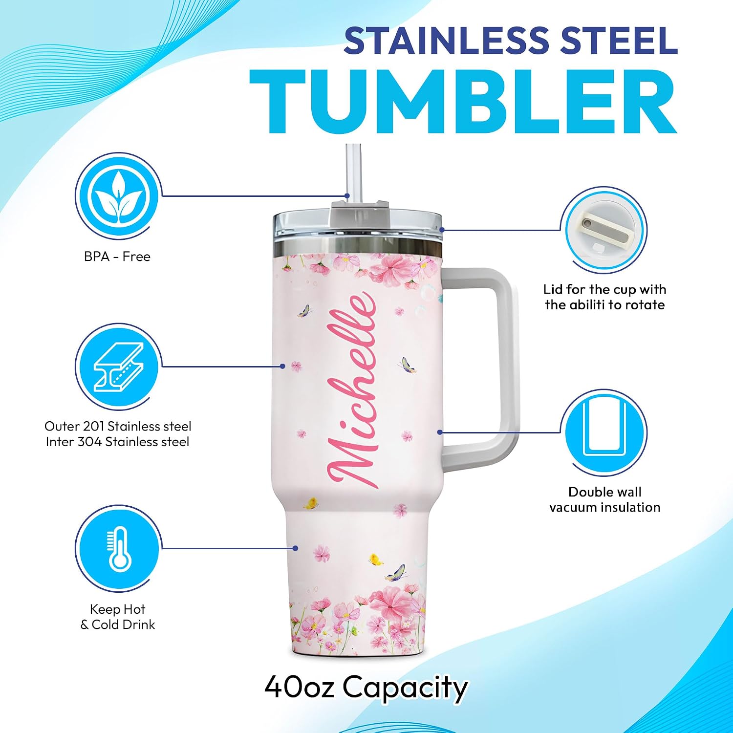 Hyturtle Personalized Gifts For Butterfly Lover Tumbler 40oz with Handle and Straw - Stainless Steel Travel Coffee Cup With Lid - Cute Animal Lover Gifts For Women, Girl On Birthday Christmas