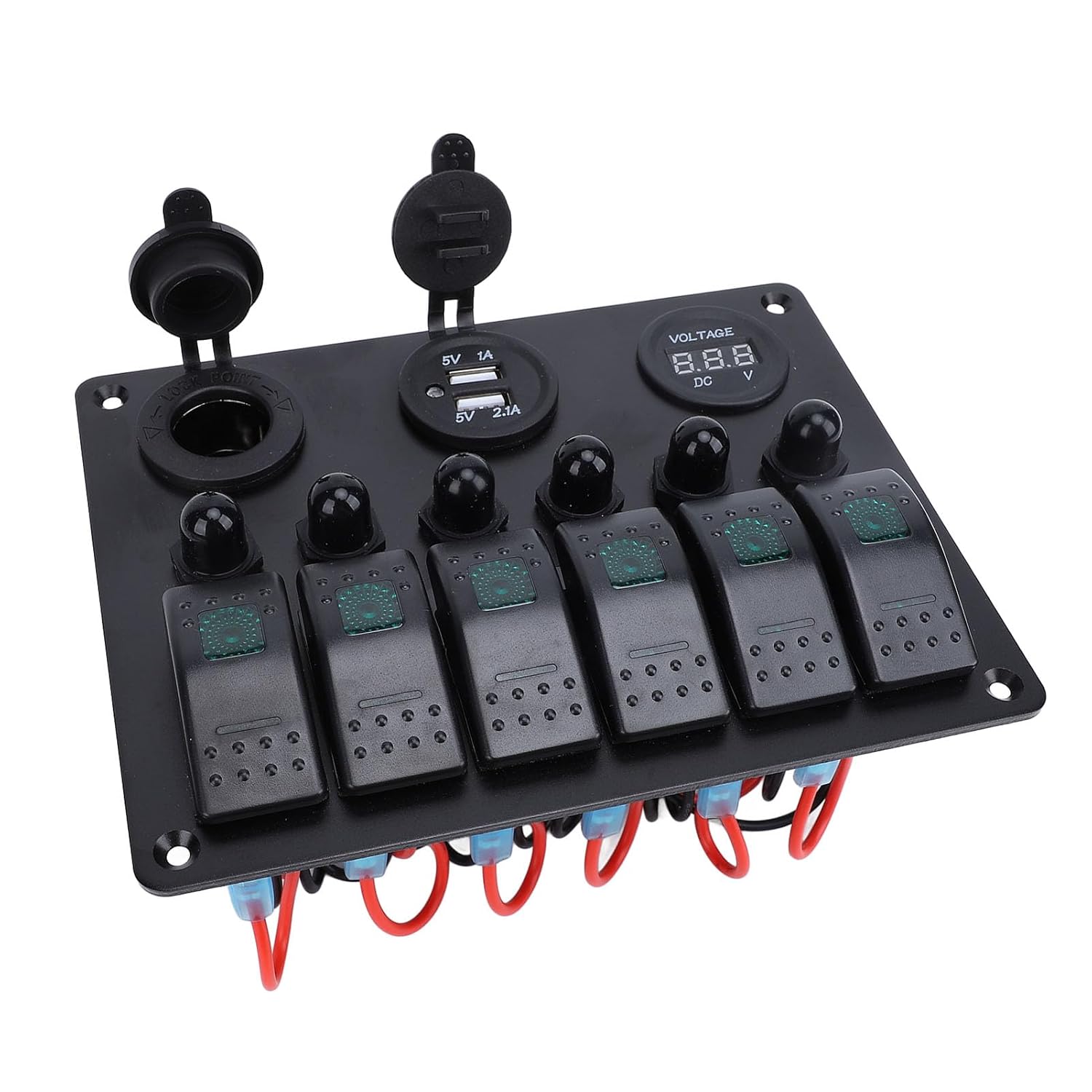 Jonlaki DC 12-24V 6 Gang Rocker Switch Panel with USB and Digital Voltmeter for Boats, Yachts, Cars & RVs - Green Light (Green Light)