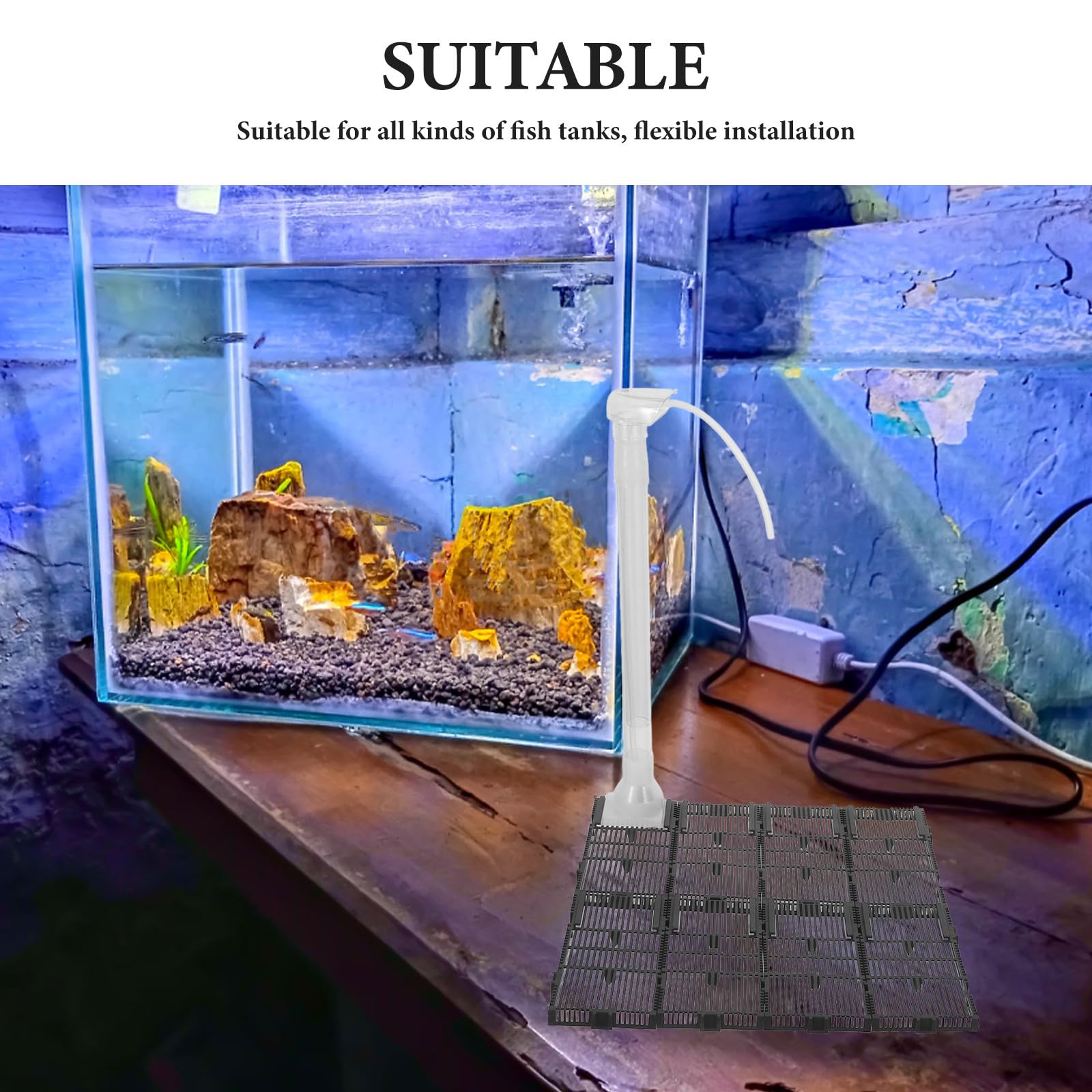 1 Juego de Filtro de Fondo para Acuario, 32 Placas de 14 x 7 cm, Sistema de Fondo para Agua Limpia, con Tubo de elevación para acuarios de Agua Dulce y Salada.