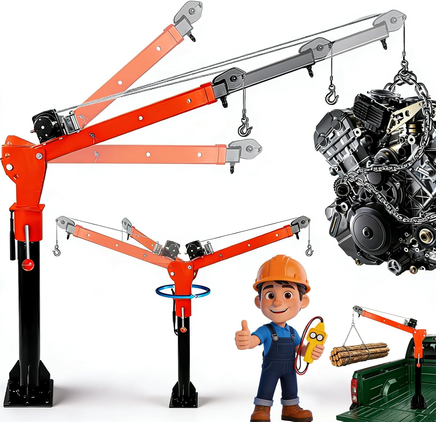 RQR Pickup Truck Crane Hoist, 3500 lbs Electric Winch, 2000 lbs Truck Bed Crane，3-Way Adjustable Jib Crane 360° Swivel, Painted Steel Folding Truck Bed Lift for Lifting Engine, Equipment, Heavy Cargo