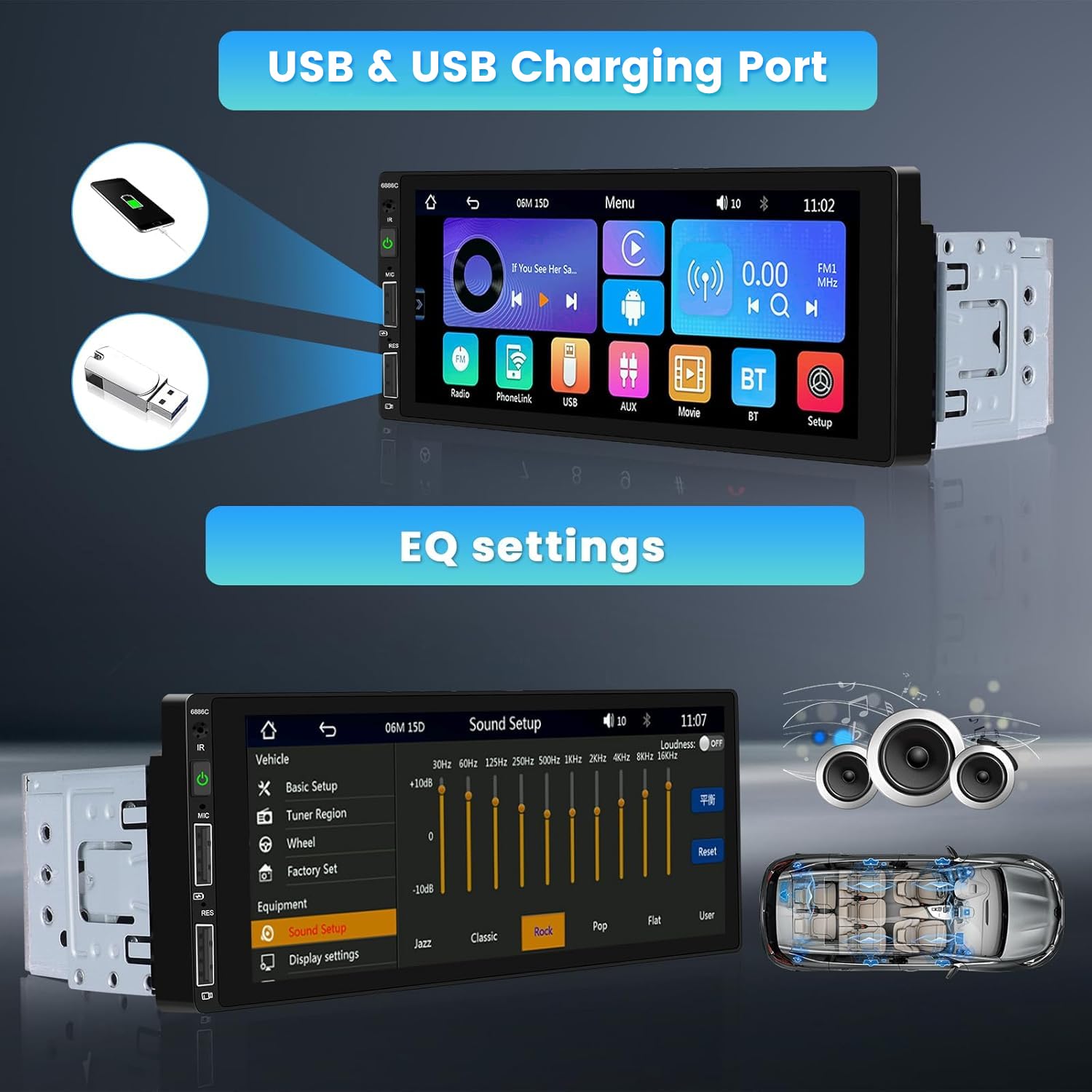 Inefala Wireless Carplay Radio Coche Bluetooth Pantalla 1 DIN con Android Auto inalámbrico, 6,9" Pantalla Táctil Autoradio Bluetooth con Mirror Link FM USB Type-C Mic SWC Cámara Trasera — view 7