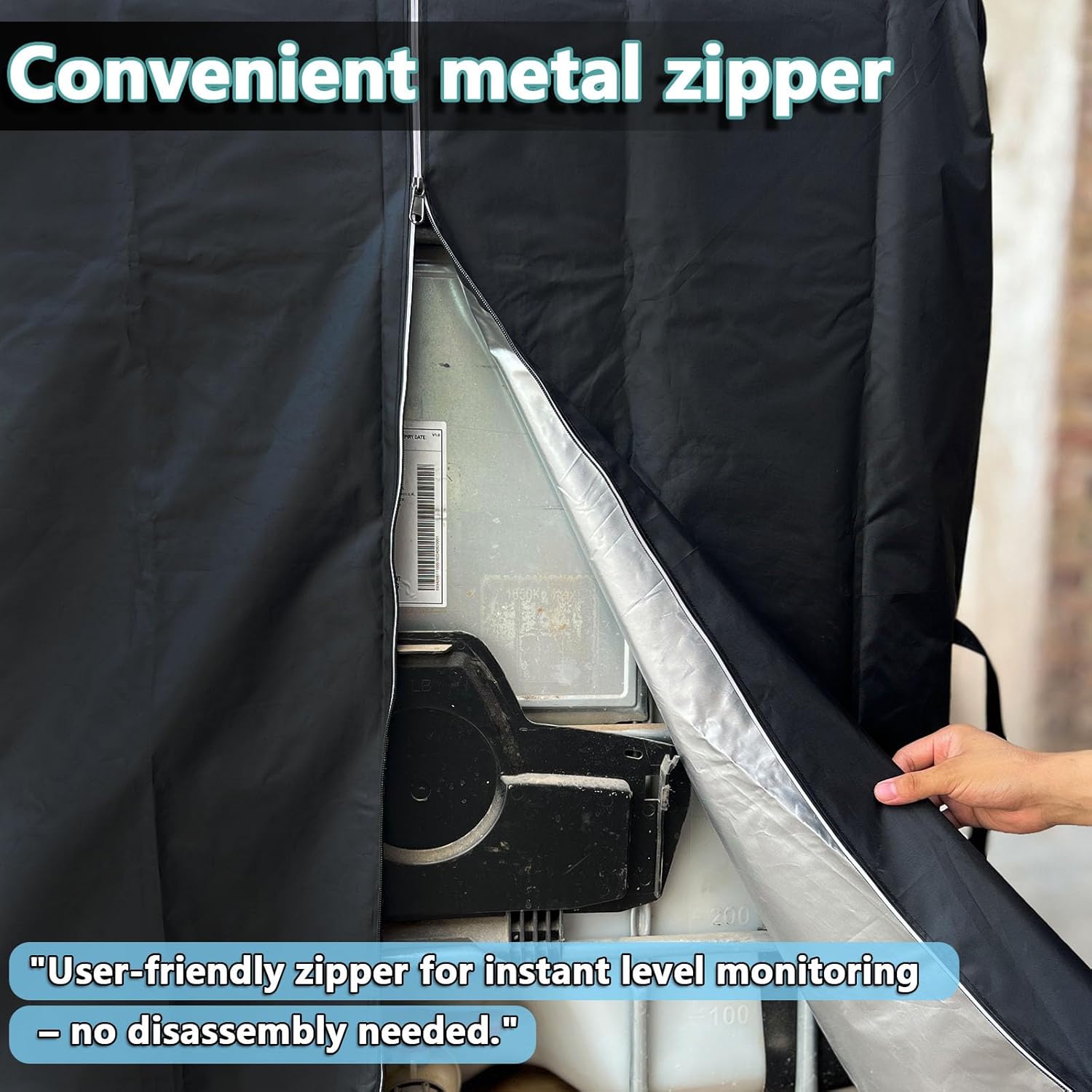 IBC Tote Cover 275 Gallon 1000L Water Tank Cover, Side Windproof Hook and Loop Fastener, 420D Tear-resistant Oxford Cloth, with Reflective Zipper Design (Black)