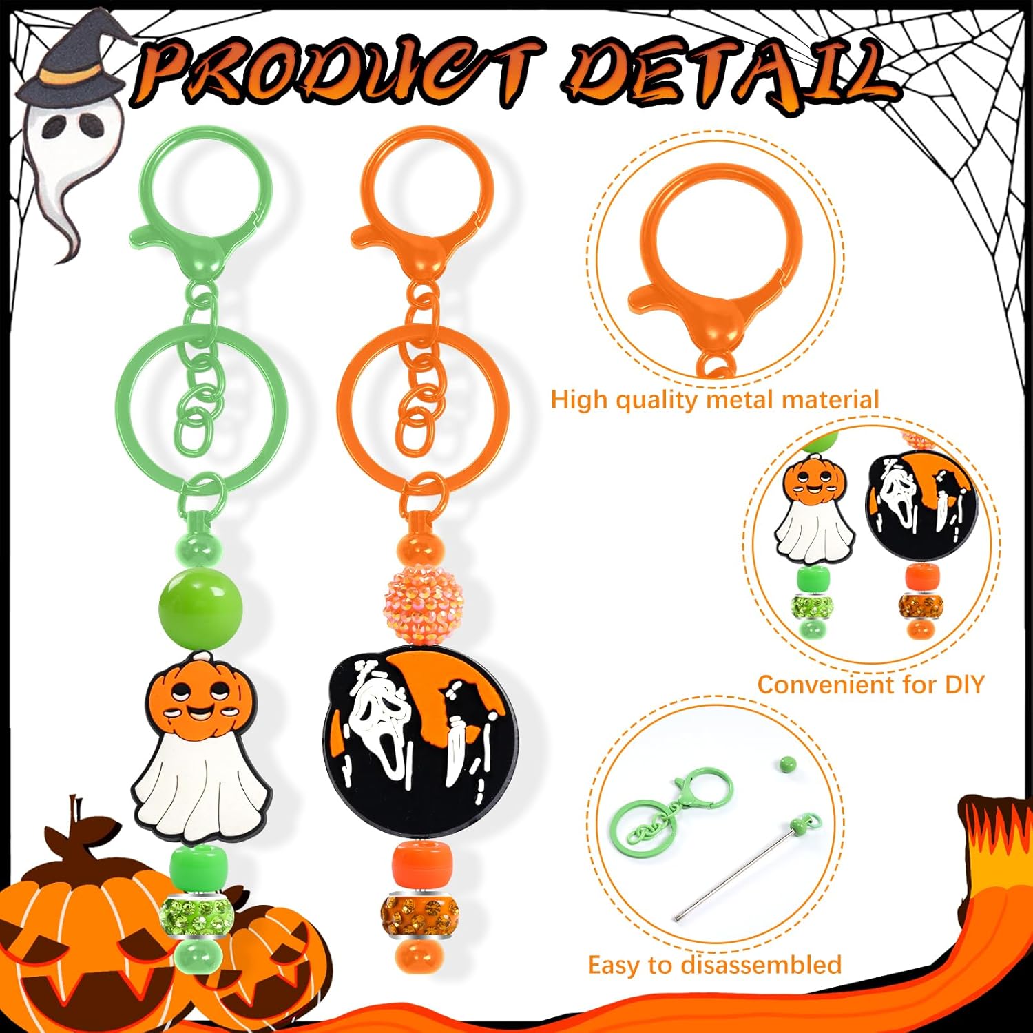 296 Pcs Halloween Beadable Keychains Bar Set DIY Multicolor Blank Beadable Keychains, Keychain Bars with Silicone Beads Spacer Beads Suitable for Bead Keychain Making for Halloween DIY Gift
