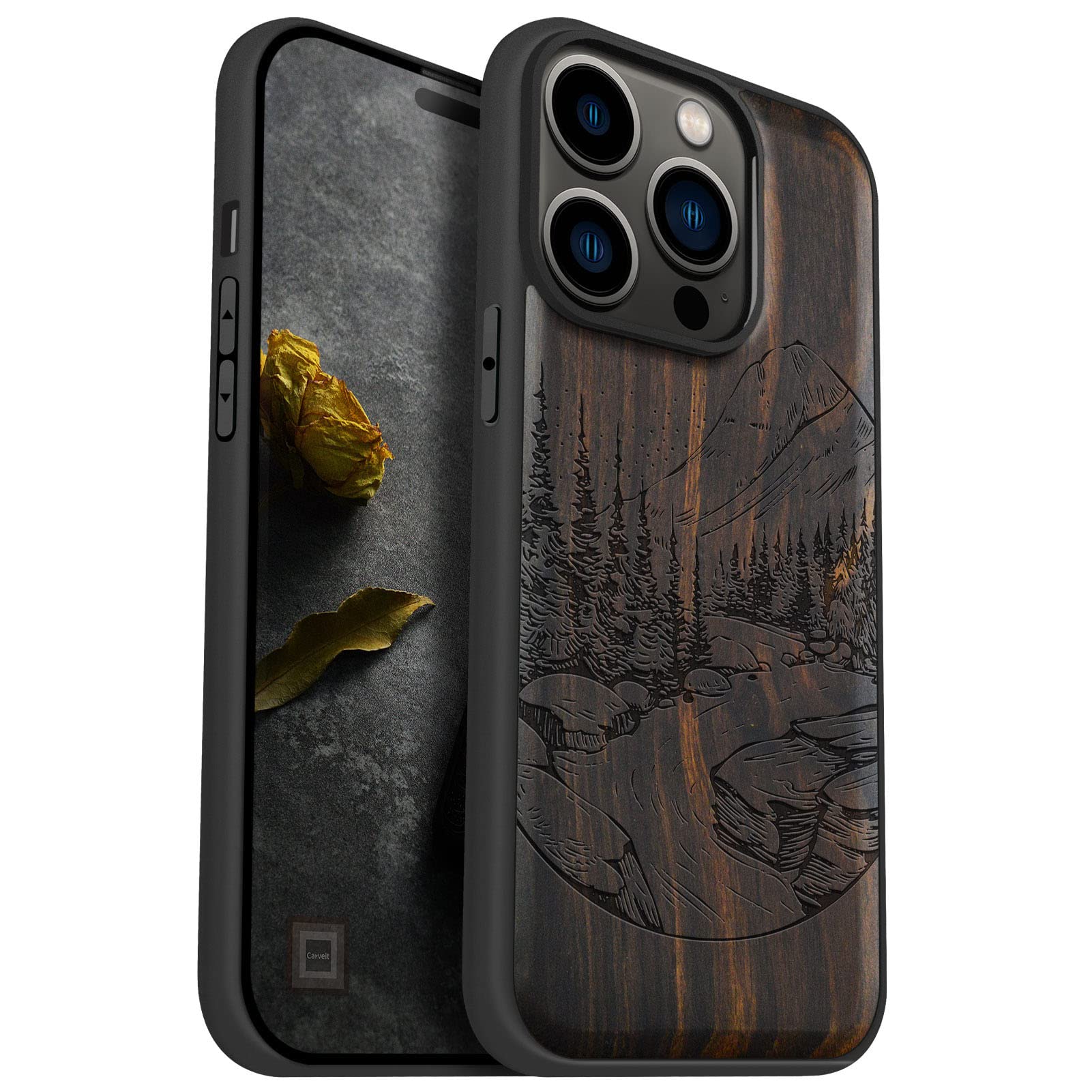 Carveit Magnetic Wood Case for iPhone 14 Pro - Natural Wood & Black Soft TPU - Shockproof Protective Cover - Unique & Classy Wooden Case - Compatible