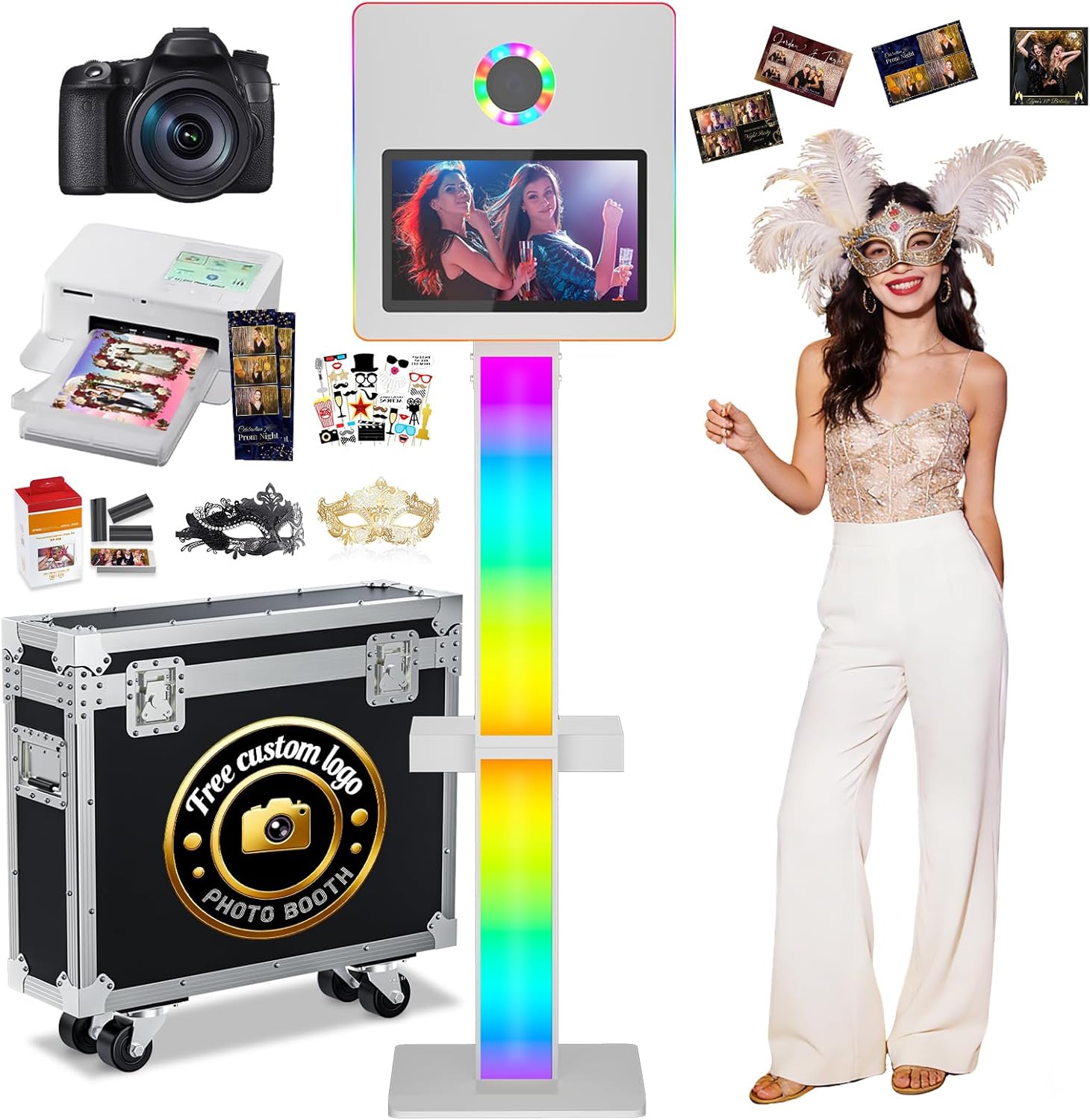 Mirror Photo Booth with 15.6 Interactive Touch Screen DSLR Photo Booth with Flight Case Remote Control RGB Mood Light Instant Print and Share for Professional Party Photography (White)