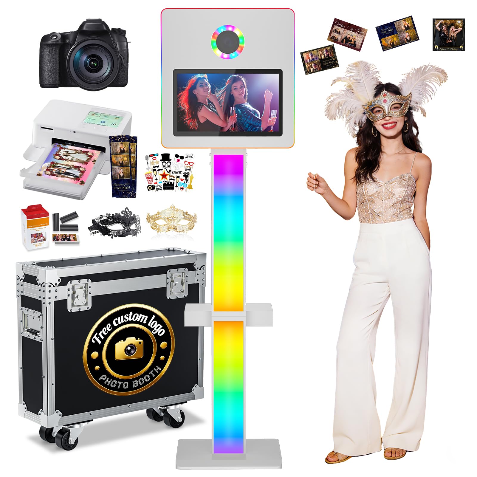 Mirror Photo Booth with 15.6 Interactive Touch Screen DSLR Photo Booth with Flight Case Remote Control RGB Mood Light Instant Print and Share for Professional Party Photography (White)