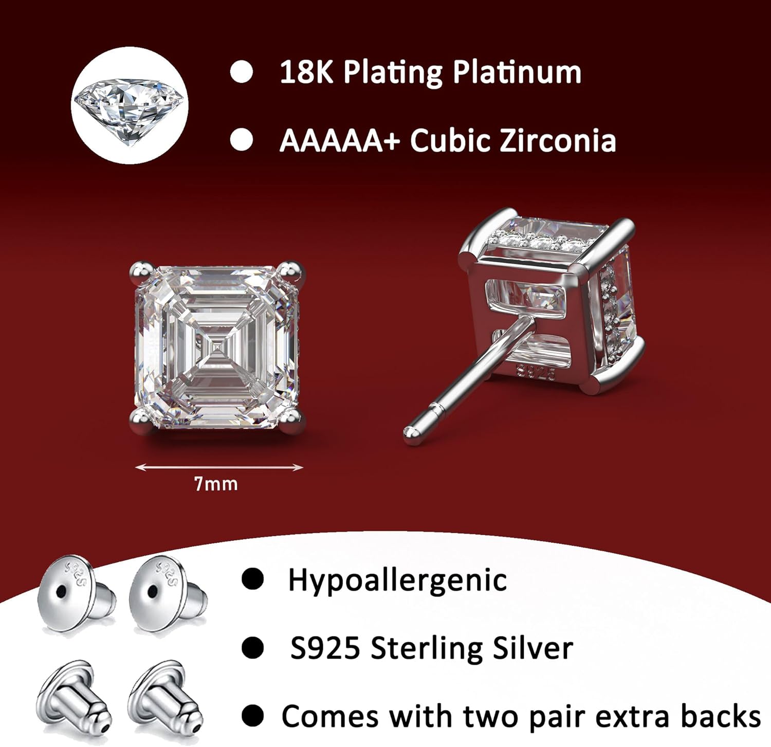 18K White Gold Plated Sterling Silver Asscher Cut Cubic Zirconia Stud Earrings for Women Men | Square CZ Stud Earrings Simulated Diamond Earrings Studs - Image 6