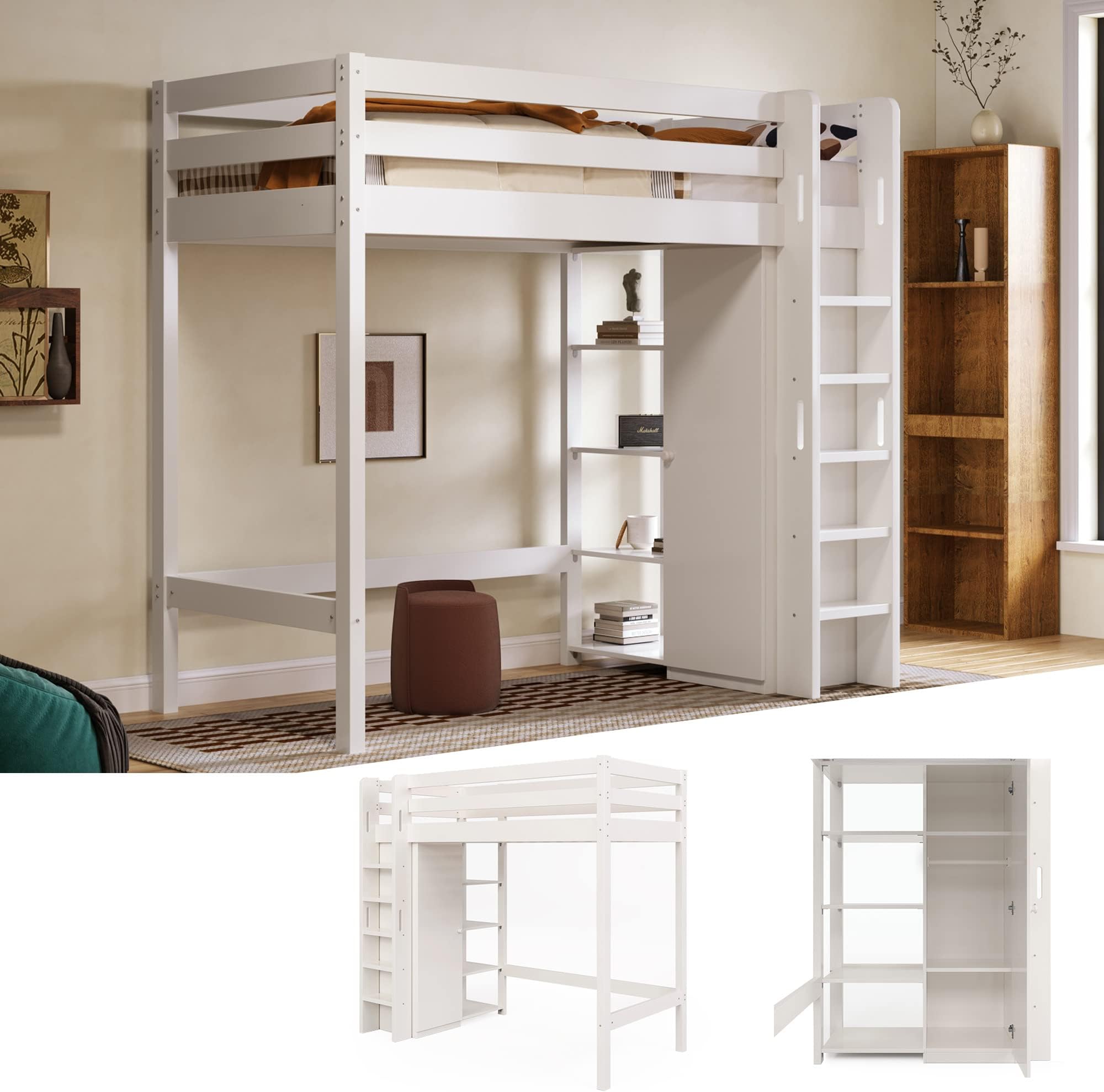 SCHGKOY Loft Bed, Single, System Bed, High Type, Wardrobe Included, Storage Shelf, Bed, Stylish, Durable, Shockproof, Perfect for Children's Room
