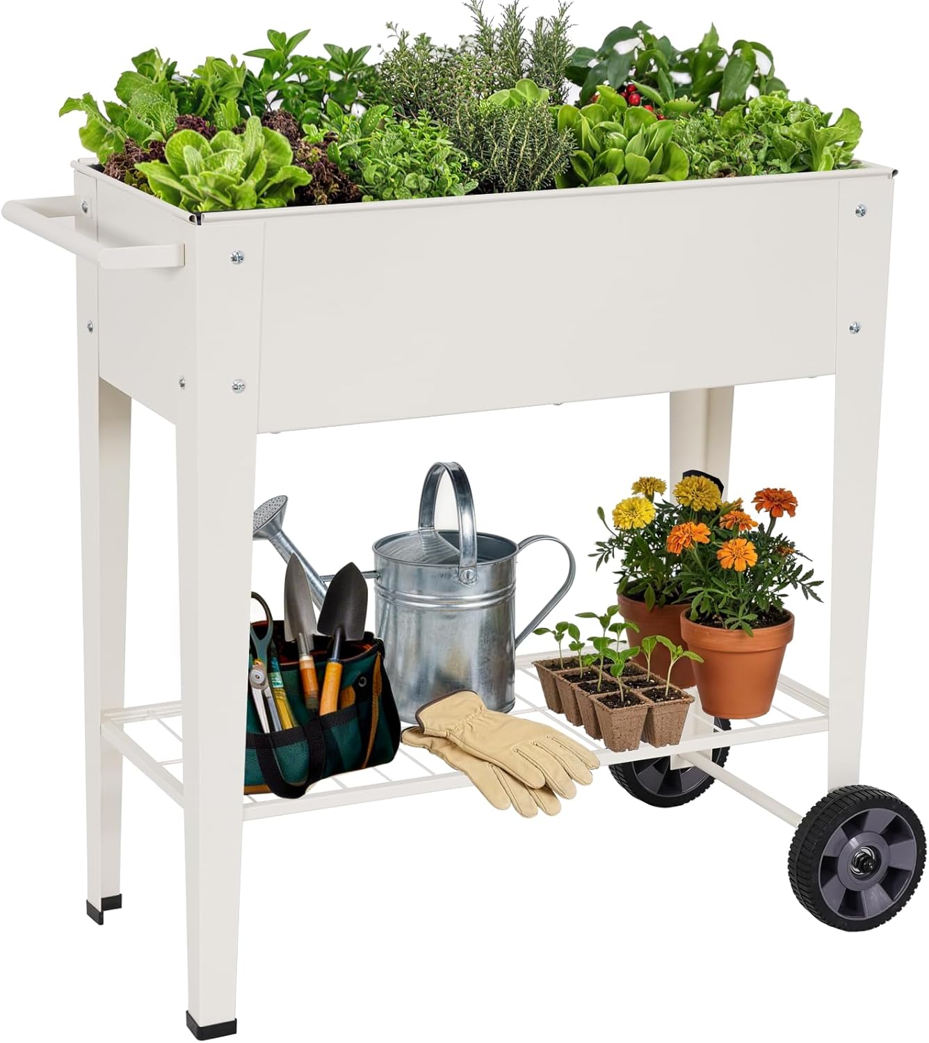 Elevated 32" Tall Raised Garden Bed with Legs and Wheels for Mobility, Metal Planter Boxes Outdoor with Shelf, Raised Bed for Gardening Vegetables/Herbs, Backyard, Patio, Balcony, White
