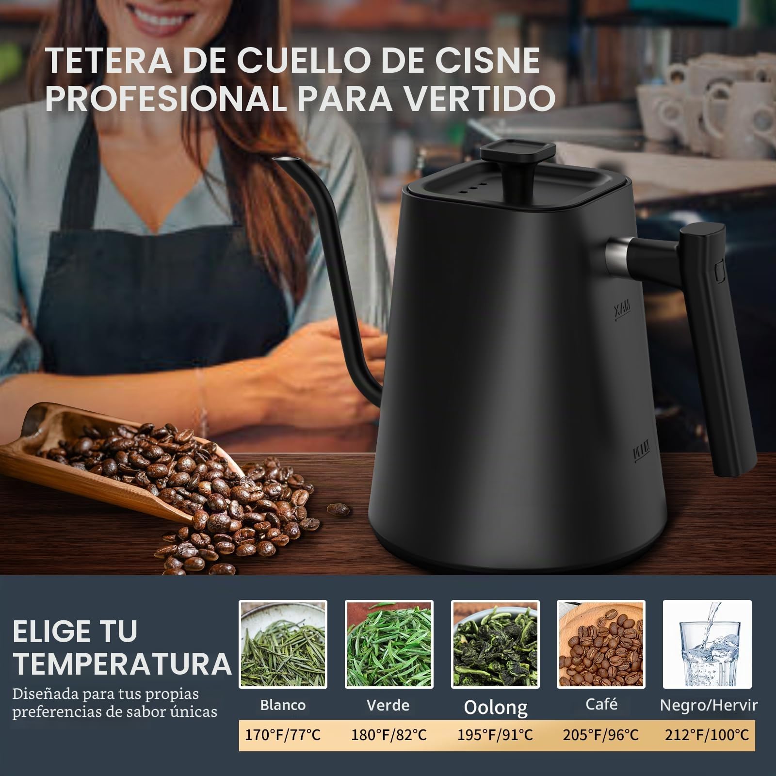 Hervidor Agua Eléctrico,Tetera Gooseneck,Pour Over Kettle & Coffee Kettle,100% Acero Inoxidable,Calentamiento Rápido de 1200W,1 Litro, Negro