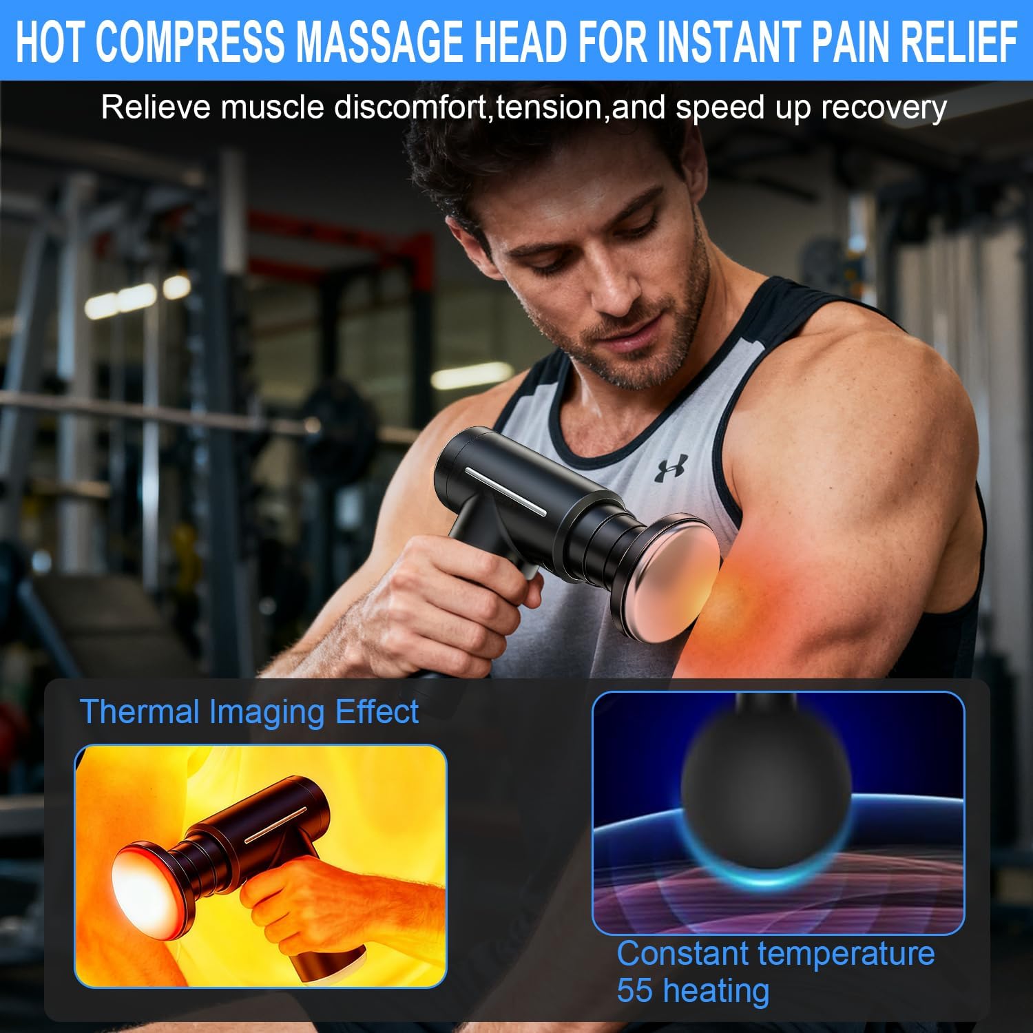 Massage Gun with Heat and Cold Head Deep Tissue Back Massage for Athletes Muscle Pain Relief Percussion Massager with 6 Massages Heads & 6 Speeds & Silent Brushless Motor