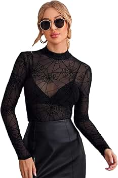 Floerns Women's Star Mesh See Through Mock Neck Long Sleeve Tops