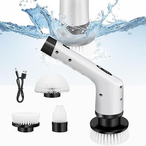 Cepillo de limpieza de mano, limpiador eléctrico giratorio, cepillo de limpieza inalámbrico con 3 cabezales de repuesto, limpiador eléctrico con 2